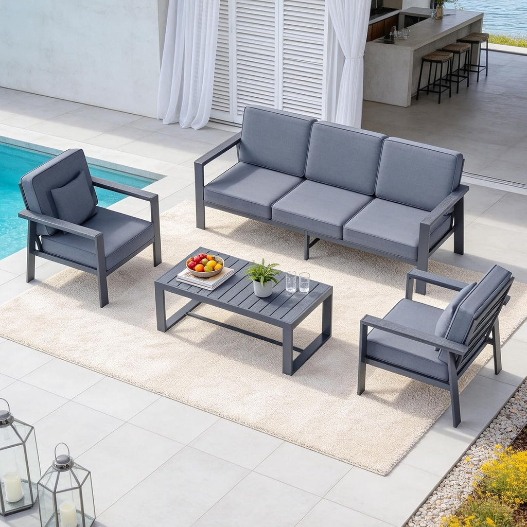 Premium Aluminum Patio Furniture Set 4 Piece,Outdoor Conversation Set with Wide Armrest,5' Thick Cushions, Olefin Fabric,Rustproof Metal Frame,Deep Seating Patio Sofa Set for Backyard,Deck,villa,Gray
