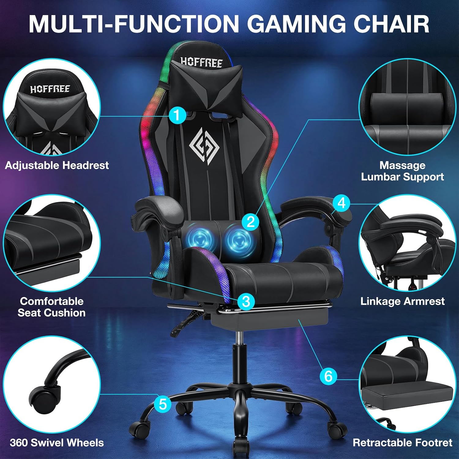 RGB Gaming Chair Massage with LED Lights and Ergonomic Computer Gaming Chair with Footrest High Back Video Game Chairs with Adjustable Lumbar Support Grey and Black
