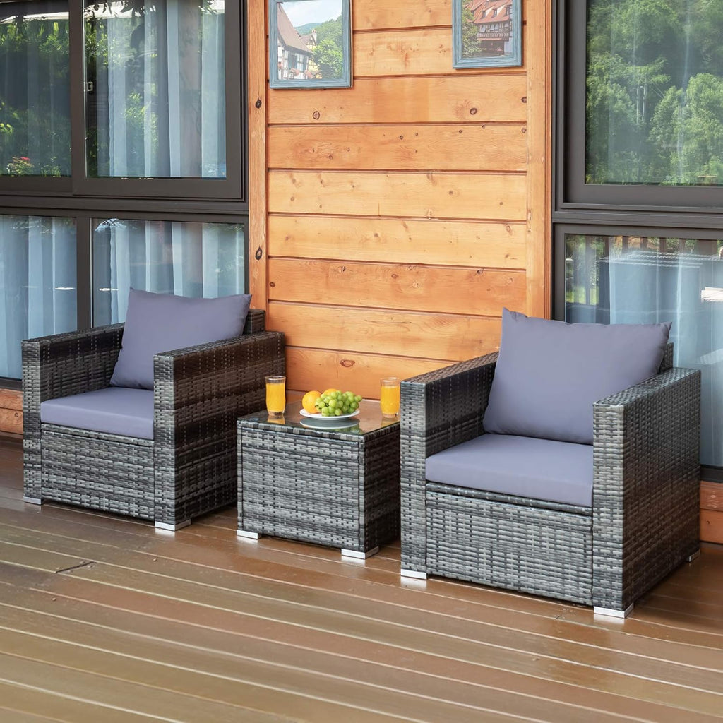 COSTWAY 3-Piece Patio Furniture Set, Outdoor Wicker Rattan Sofa with Cushions and Coffee Table, Conversation Chair Set for Poolside Backyard Balcony Lawn (Grey)