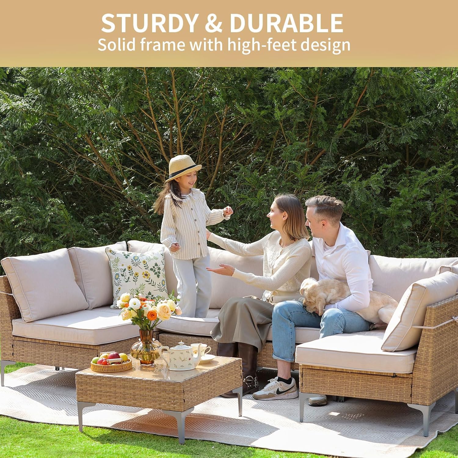JOYURE 5 Piece Wicker Patio Furniture Set,Outdoor Conversation Sectional Sofa w/Coffee Table,All-Weather Outdoor Sofa with Thick and Anti-Slip Cushions for Deck,Poolside,Garden,Beige