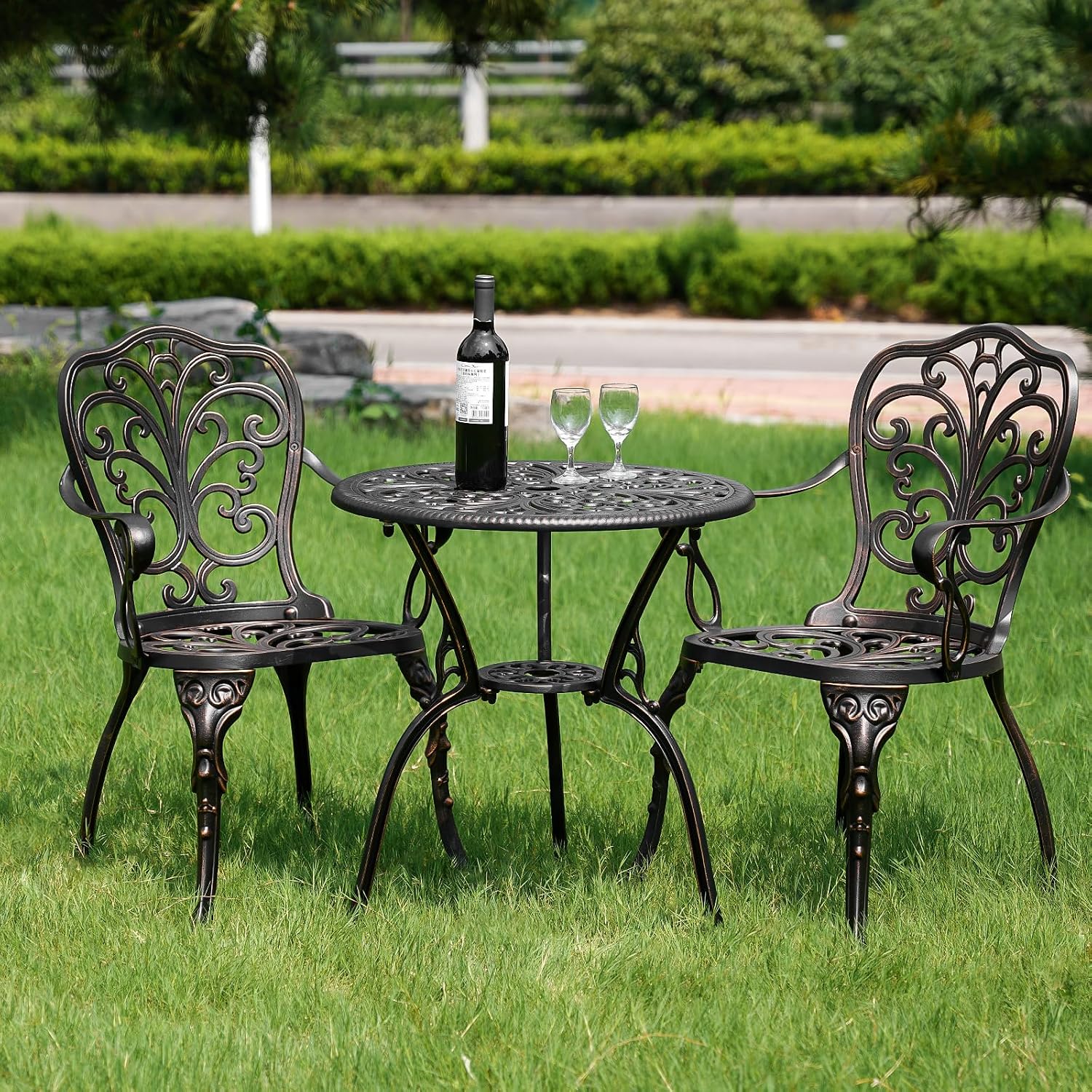 3 Piece Cast Aluminum Bistro Set, Bronze Bistro Table and Chairs Set of 2, 3 Piece Patio Furniture Set with 1.97' Umbrella Hole for Backyard, Balcony, Deck