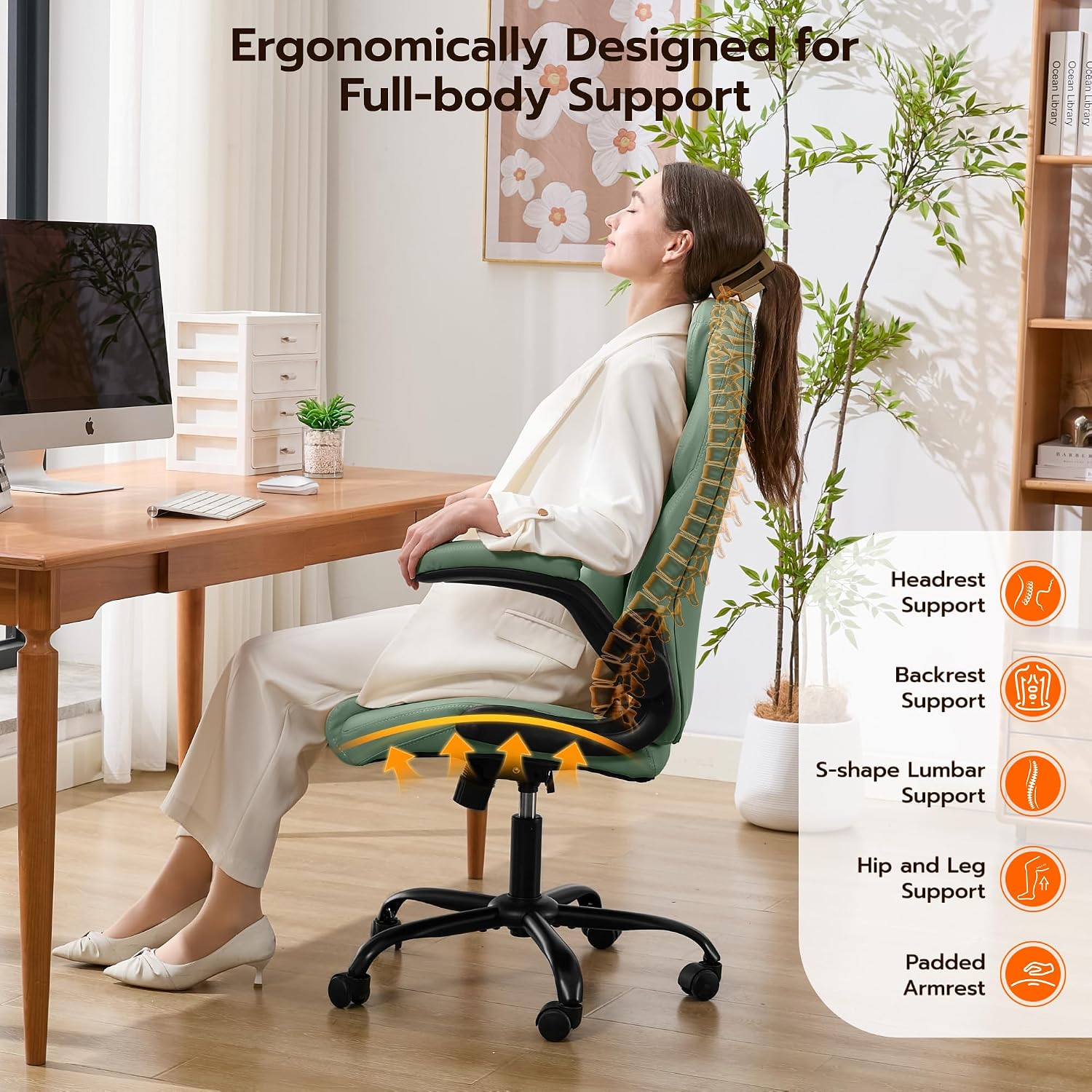 Ylzyxal Office Desk Chair, Ergonomic Computer Chair with Padded Flip-Up Arms and Adjustable Lumbar Support, PU Leather Executive Chair with Tilt Lock and 360° Swivel Rolling Wheels for Work, Study