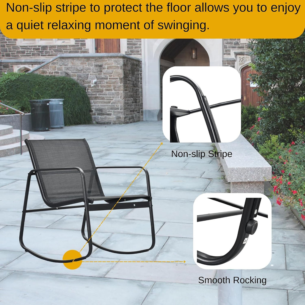 DWVO 4-Piece Patio Furniture Set, Textilene Conversation Set with 2 Rocking Chairs and Tempered Glass Coffee Table, Ideal for Indoor Patio Lawn Garden Poolside, Black