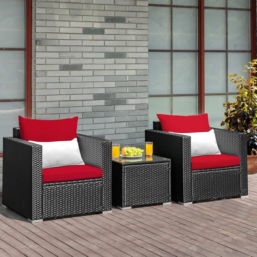 Tangkula 3 Pieces Patio Furniture Set, PE Rattan Wicker Sofa Set w/Washable Cushion and Tempered Glass Tabletop, Outdoor Conversation Furniture for Garden Poolside (Red)