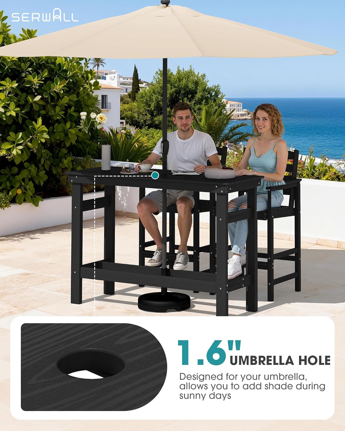 SERWALL Outdoor Bar Set - 4 Adirondack Bar Chairs & Bar Height Table with 1.6' Umbrella Hole, All-Weather HDPE Patio Furniture for Poolside, Backyard, Garden - Black