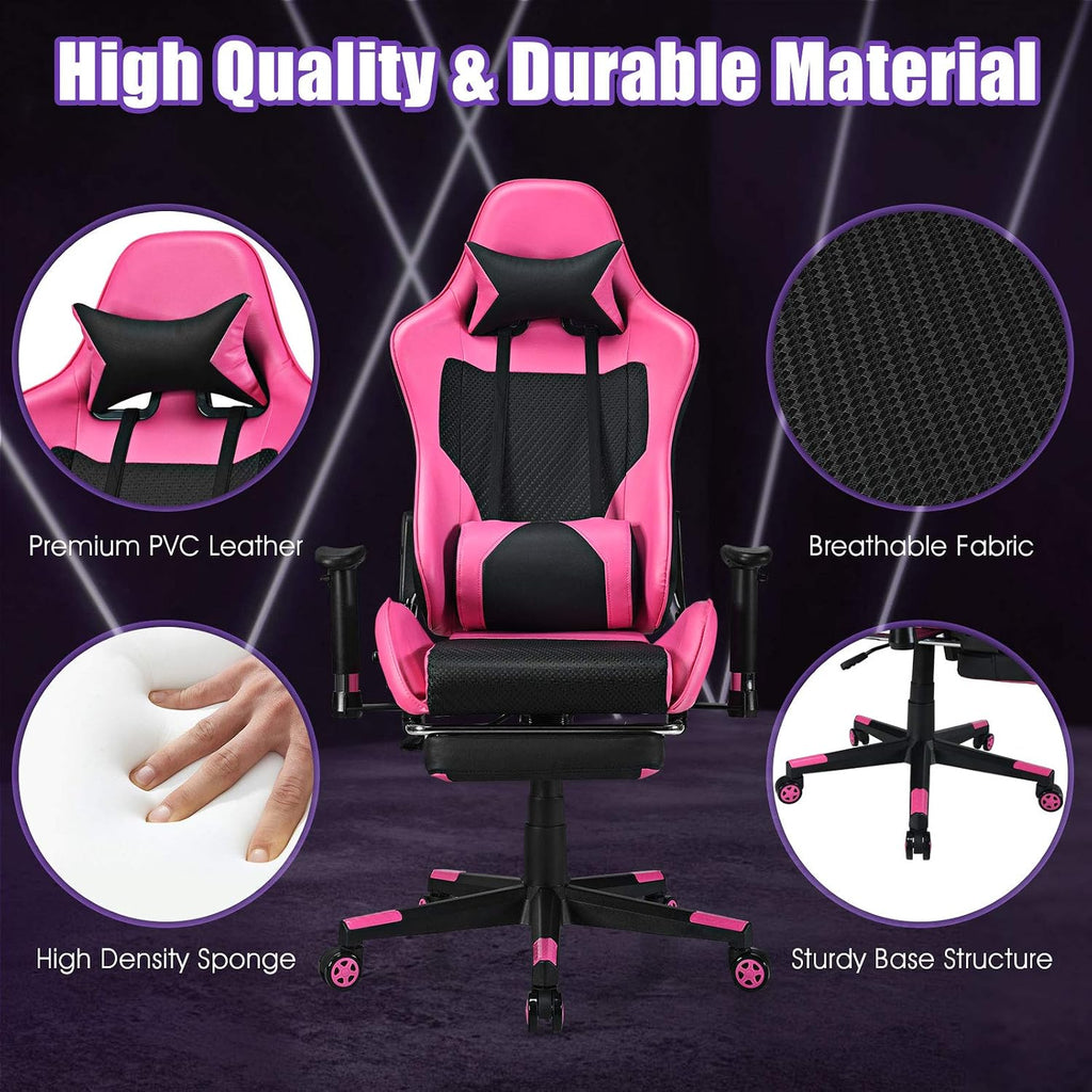 Giantex Massage Gaming Chair Pink, Ergonomic Video Game Chair with Footrest, High Back E-Sport Computer Chair with Headrest & Massager Lumbar Support, PU Leather Gaming Seat