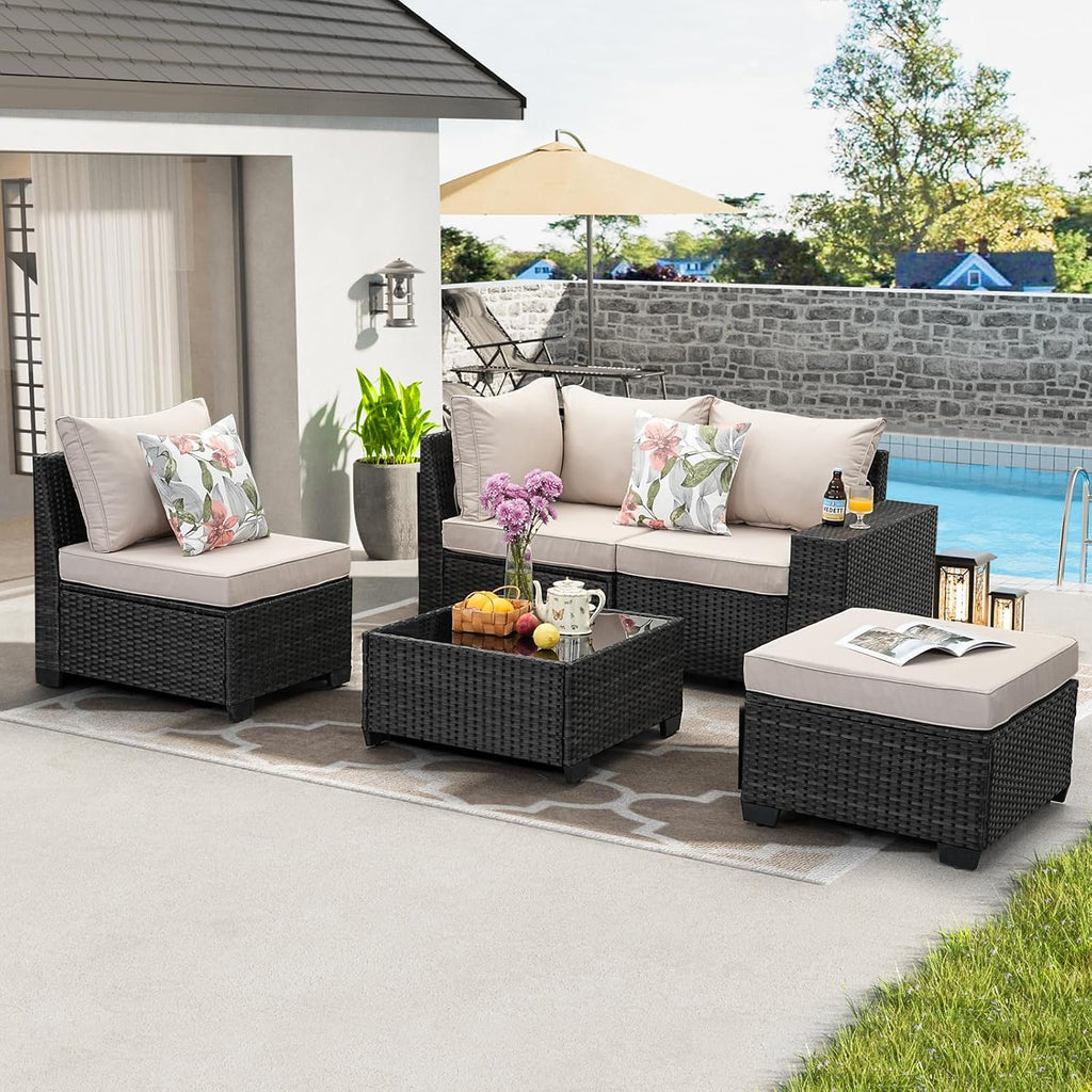JOYURE 5 Pieces Patio Furniture Set All-Weather Outdoor Wicker Sectional Conversation Sofa Rattan Patio Seating Sofa with Cushion and Glass Table and Ottoman for Porch,Beige