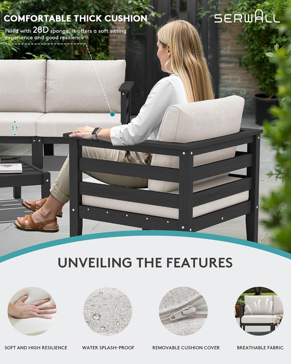 SERWALL HDPE Patio Furniture Set, 2 Pieces Outdoor Sectional Sofa Set, All-Weather Wood-Like Outdoor Loveseat for Deck, Lawn, Black Frame with Khaki Cushion