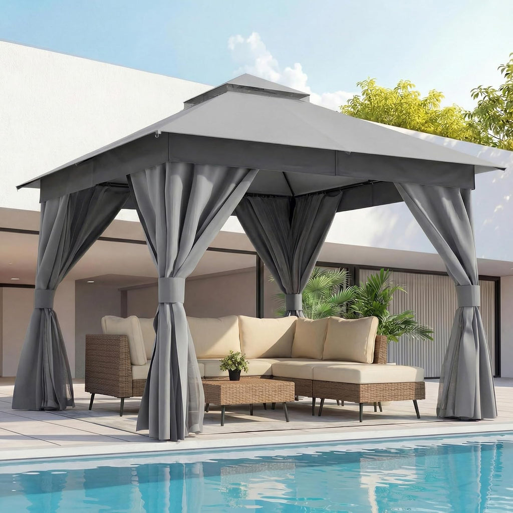 LAUSAINT HOME Gazebo 10x10ft, Heavy Duty Patio Gazebo with Expansion Bolts, Party Canopy Tent with Double Roofs, Mosquito Nettings and Privacy Screens for Backyard, Garden, Lawn, Grey