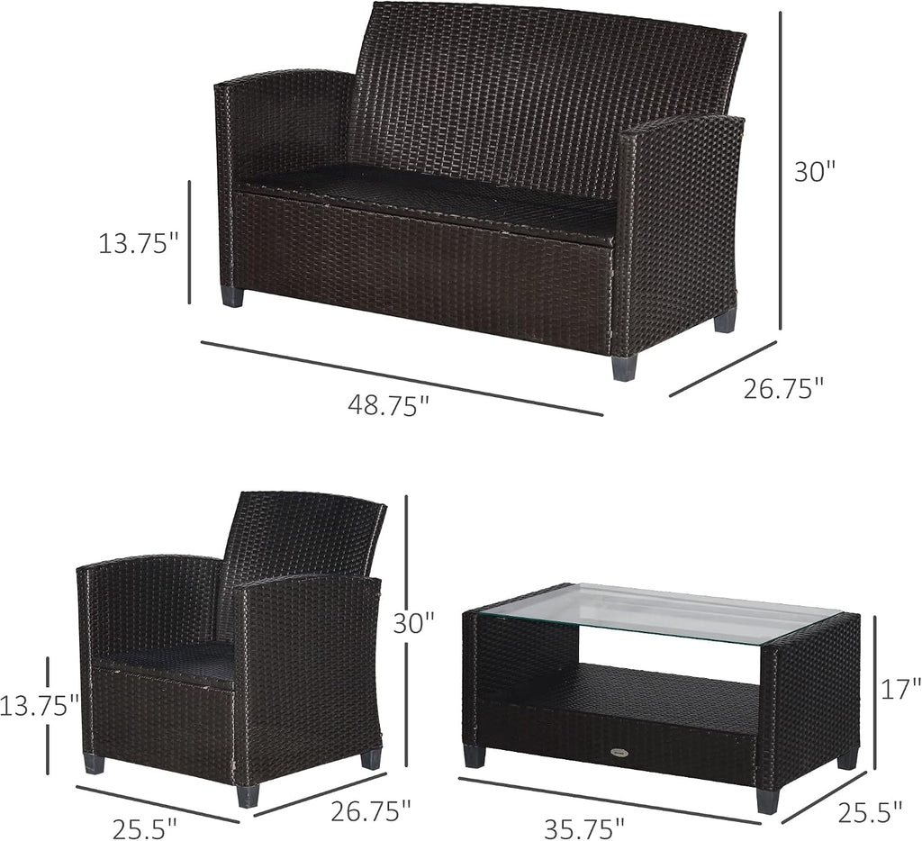 Outsunny 4 Pieces Patio Furniture Sets with Cushions, PE Rattan Wicker Conversation Chairs with Two-Tier Coffee Table for Backyard Porch Garden Poolside and Deck, Blue
