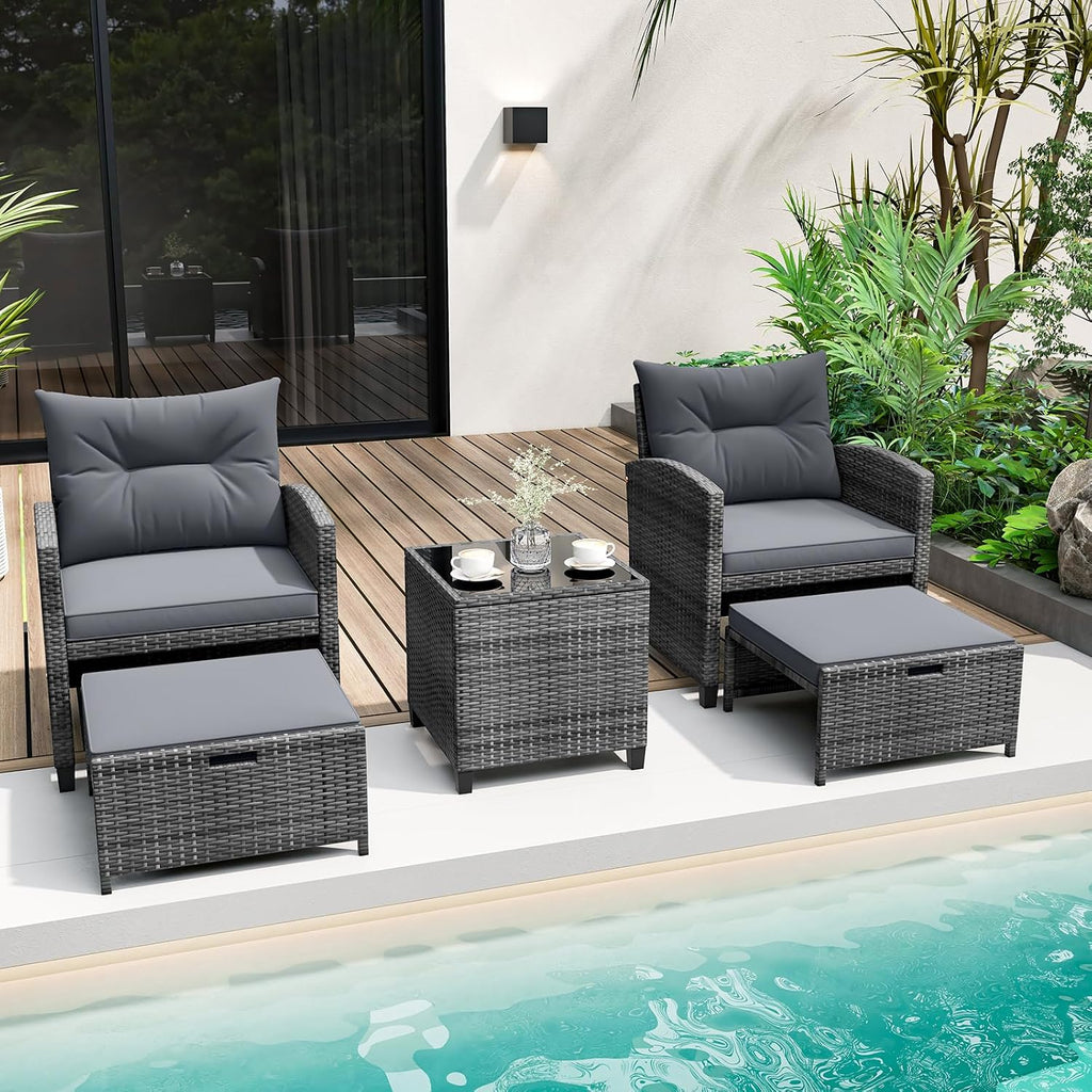 KOTEK 5 Pieces Patio Furniture Set with Ottomans, Wicker Patio Conversation Set with Coffee Table & Cushions, PE Rattan Outdoor Lounge Chairs for Backyard, Porch, Poolside (Mix Grey- Grey)
