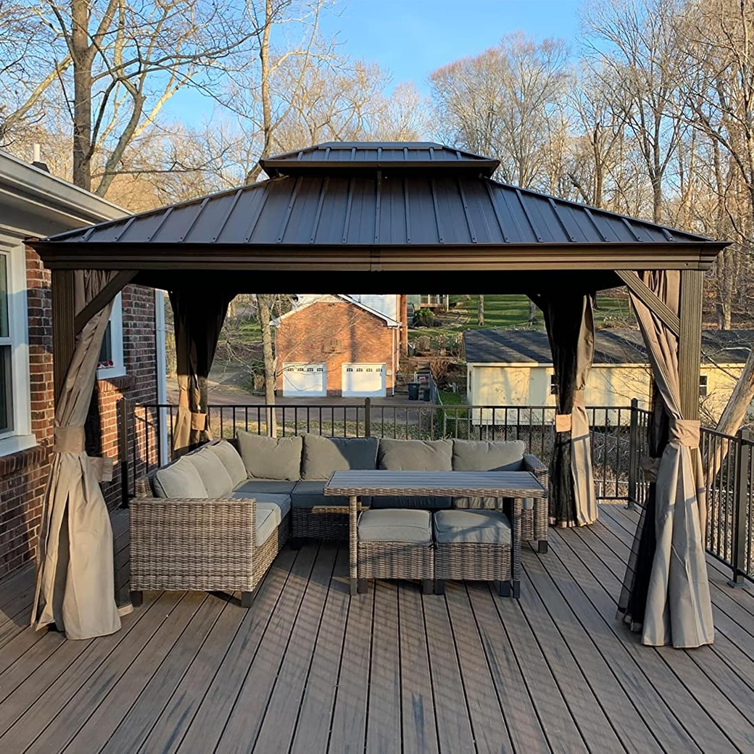 Domi Hardtop Gazebo 12x12FT, Outdoor Gazebo with Galvanized Steel Double Roof, Aluminum Frame, Built-in Gutter System, Curtain and Netting, Metal Gazebo Pavilion for Patio Deck Garden, Brown