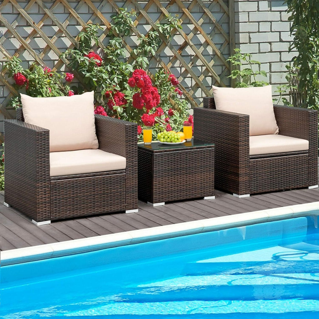 HAPPYGRILL 3PCS Patio Furniture Set with Coffee Table Outdoor Rattan Wicker Conversation Sofa Set with Washable Cushions for Garden Poolside