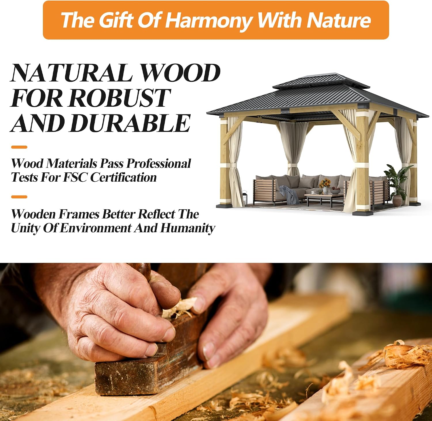 GARTOO 10' x 12' Outdoor Wooden Gazebo - Patio Hardtop Gazebo Permanent Wooden Pavilion with Galvanized Steel Double Roof, Wood Gazebos with Privacy Curtains and Netting for Garden, Lawn, Backyard