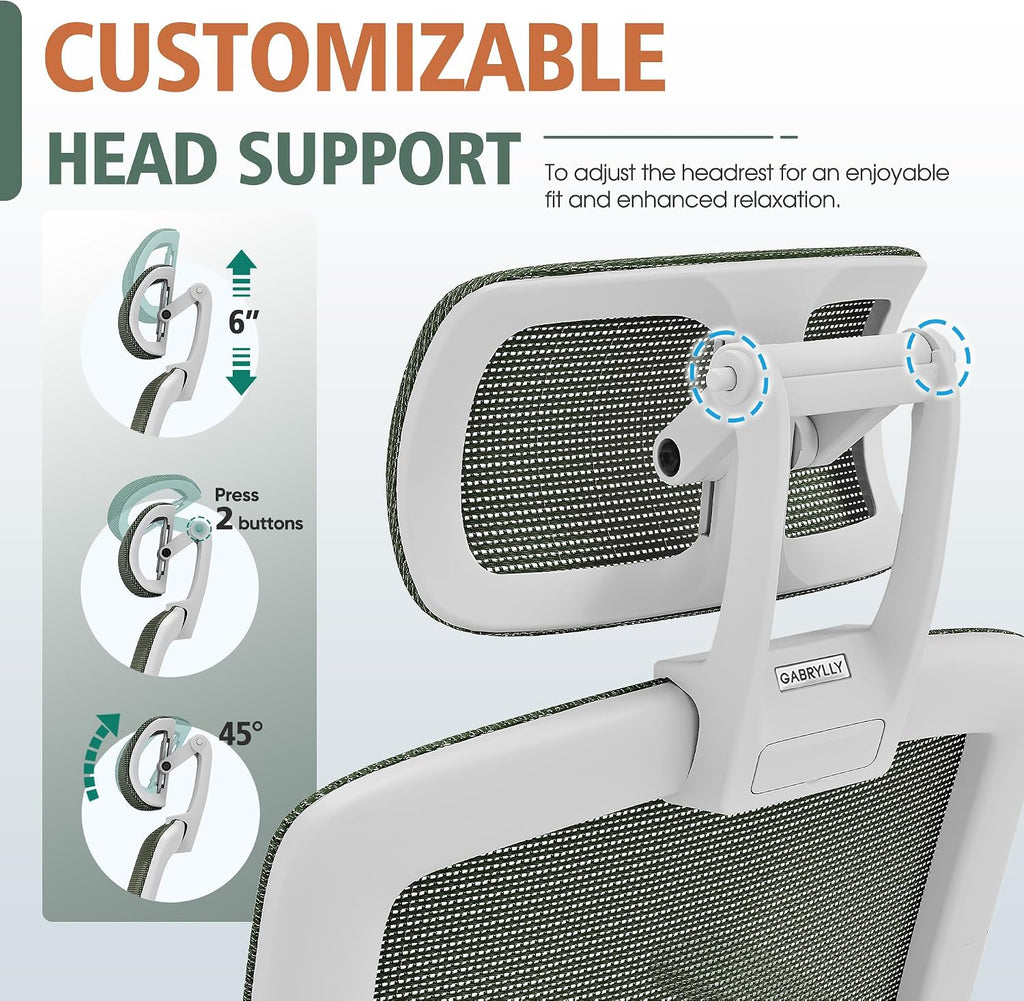 GABRYLLY Ergonomic Office Chair, High Back Home Desk Chair with Headrest, Flip-Up Arms, 90-120° Tilt Lock and Wide Cushion, 300LBS Mesh Chairs for Man Woman, White Task Chair(Olive Green,GY01WOG)