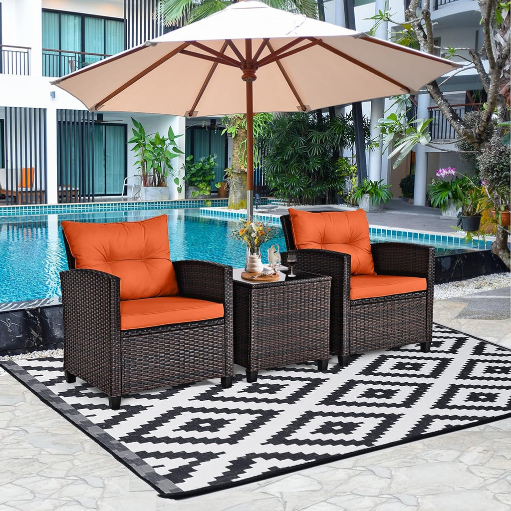 ORALNER 3 Pieces Patio Furniture Set, Outdoor Wicker Conversation Set Rattan Chairs with Cushions, Glass Coffee Table, Bistro Set for Front Porch Balcony Garden Deck Poolside (Orange)