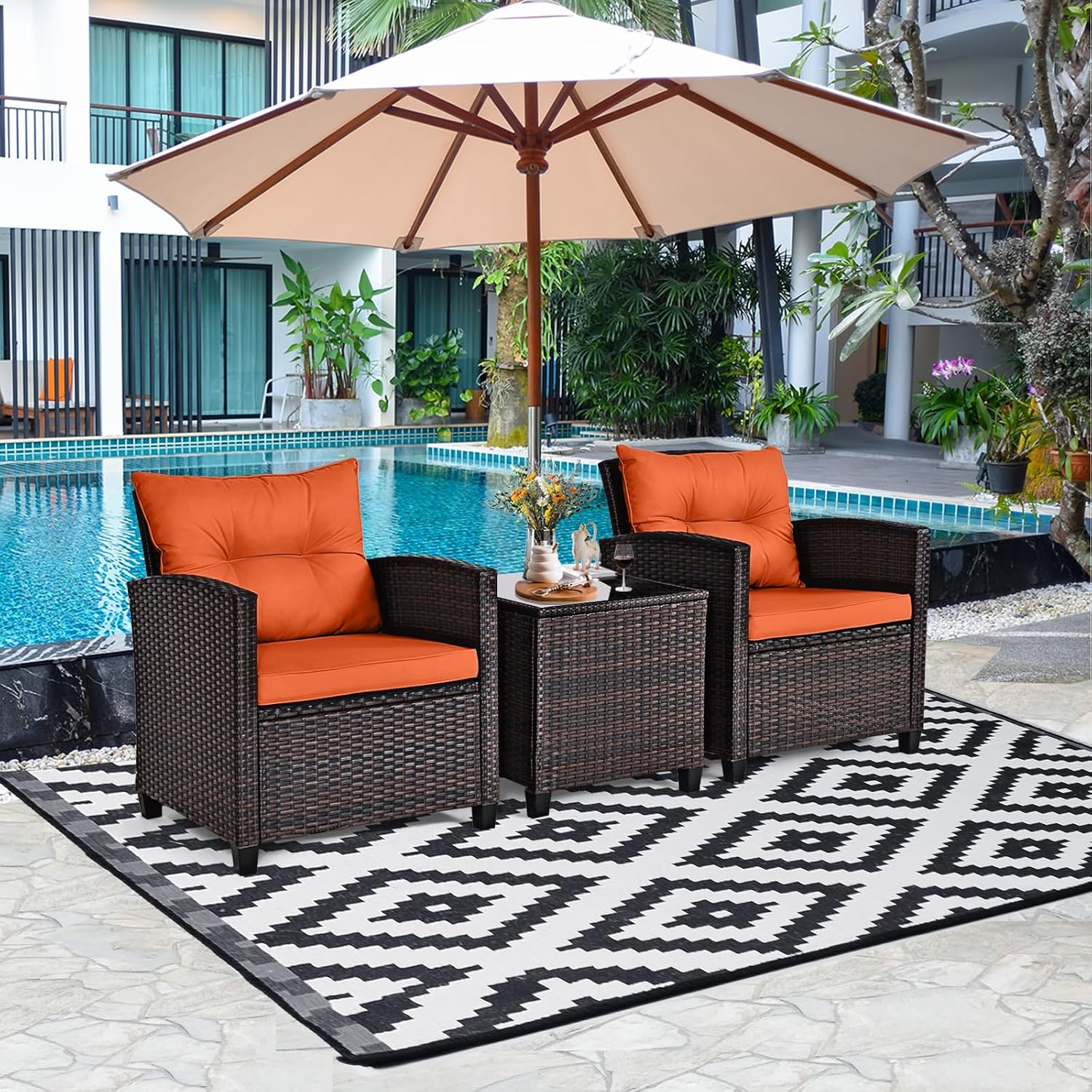 ORALNER 3 Pieces Patio Furniture Set, Outdoor Wicker Conversation Set Rattan Chairs with Cushions, Glass Coffee Table, Bistro Set for Front Porch Balcony Garden Deck Poolside (Orange)