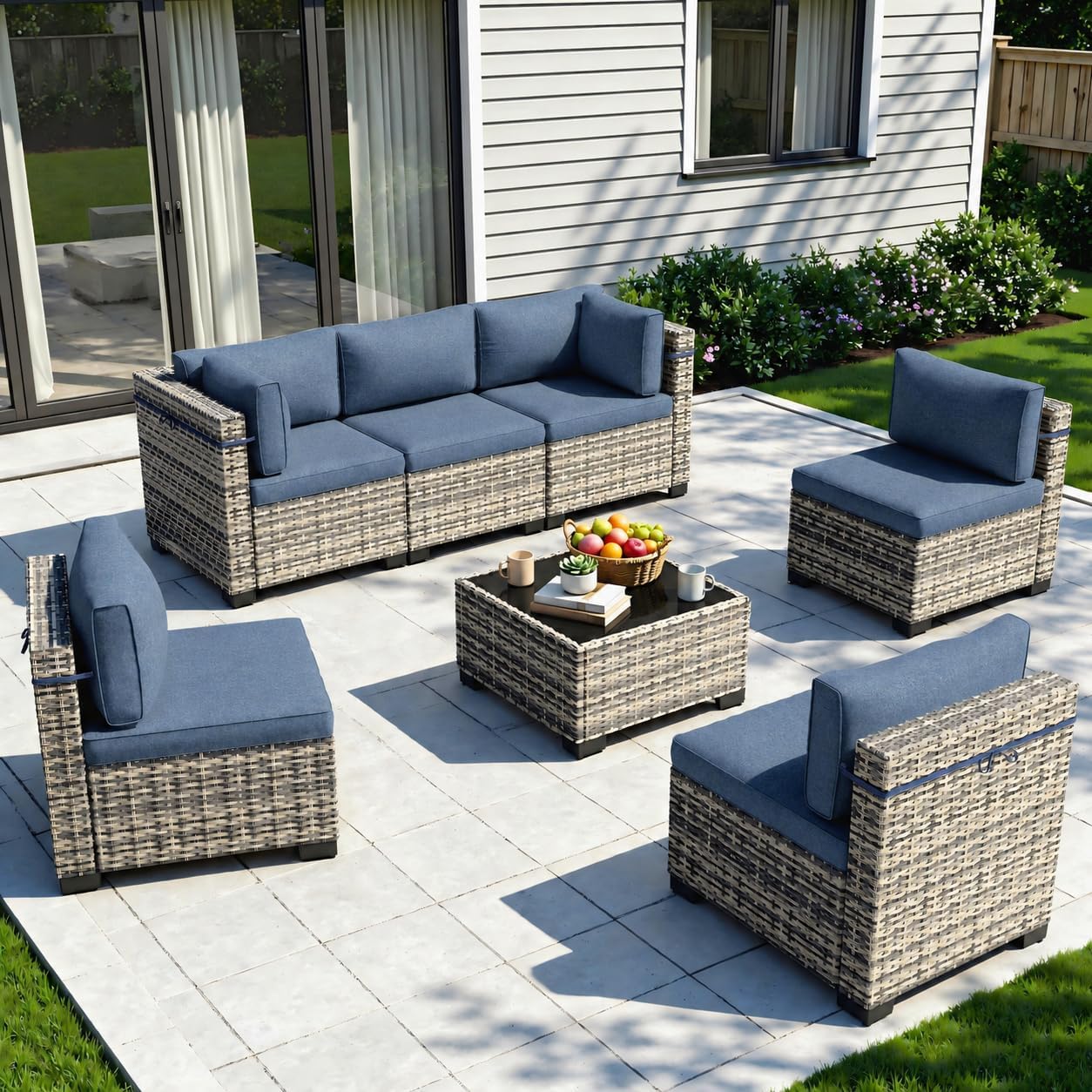 7-Piece Patio Furniture Set, Outdoor Sectional with Thick Cushions, Modular Patio Sofa, Dual-Strand Wicker Rattan, Rust-Resistant Frame, Backyard Furniture for Garden, Deck, Navy Blue