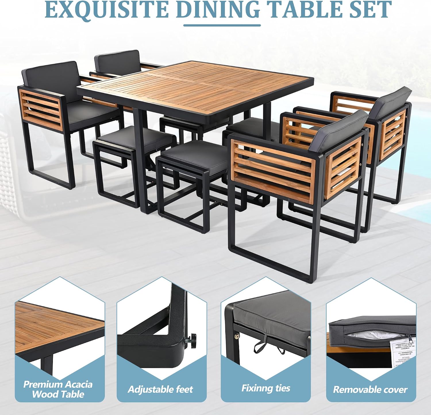 Merax 9 Pieces Outdoor Dining Set for 8 People, Acacia Wood Patio Furniture Sets with 1 Square Table, 4 Cushioned Chairs and 4 Ottomans for Backyard, Garden, Lawn, Poolside, Space Saving Design, Gray