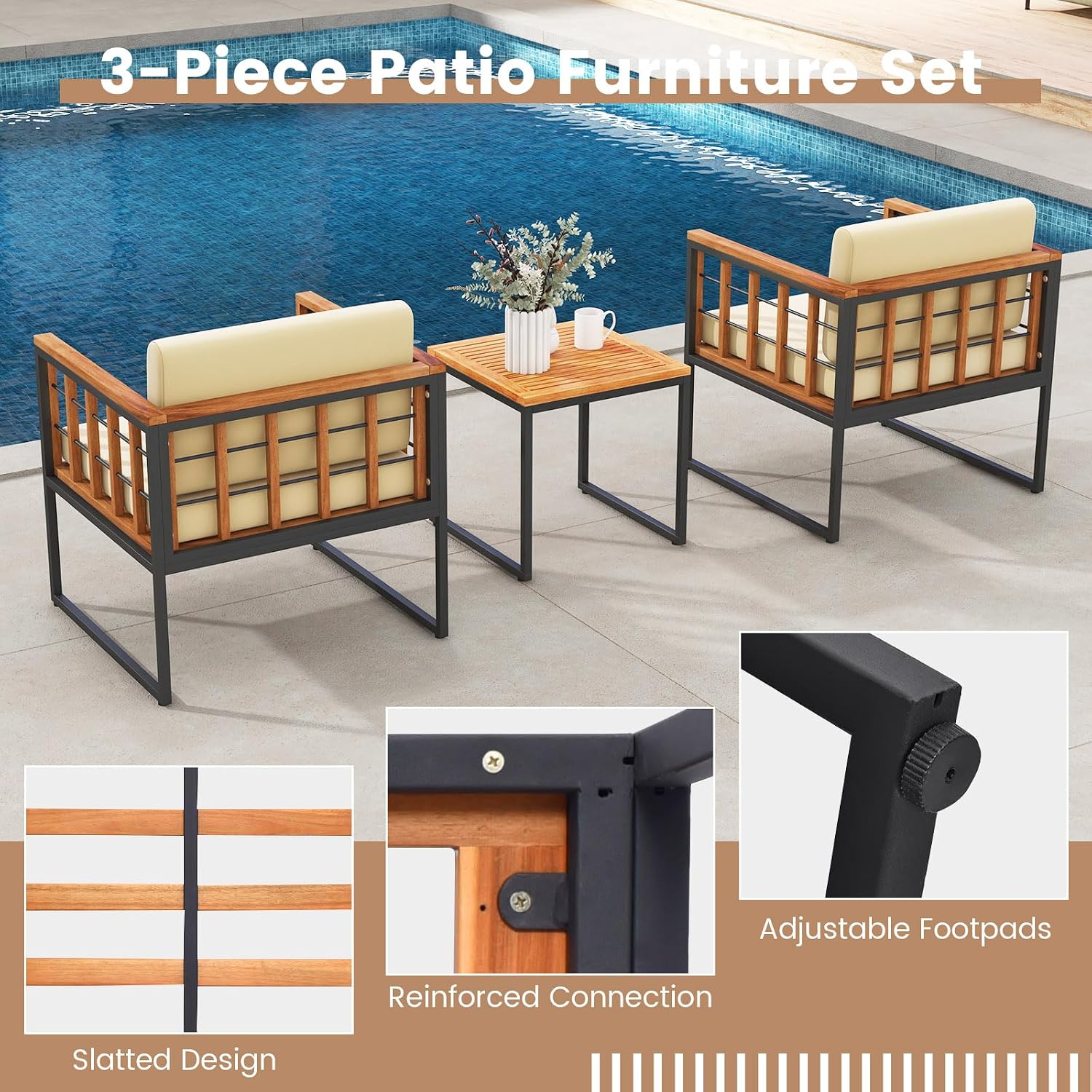 Tangkula 3 Pieces Patio Chair Set, Acacia Wood Outdoor Sofa Set with Metal Support, Soft Seat & Back Cushions Included, Cushioned Bistro Set for Balcony, Porch, Backyard (Beige)