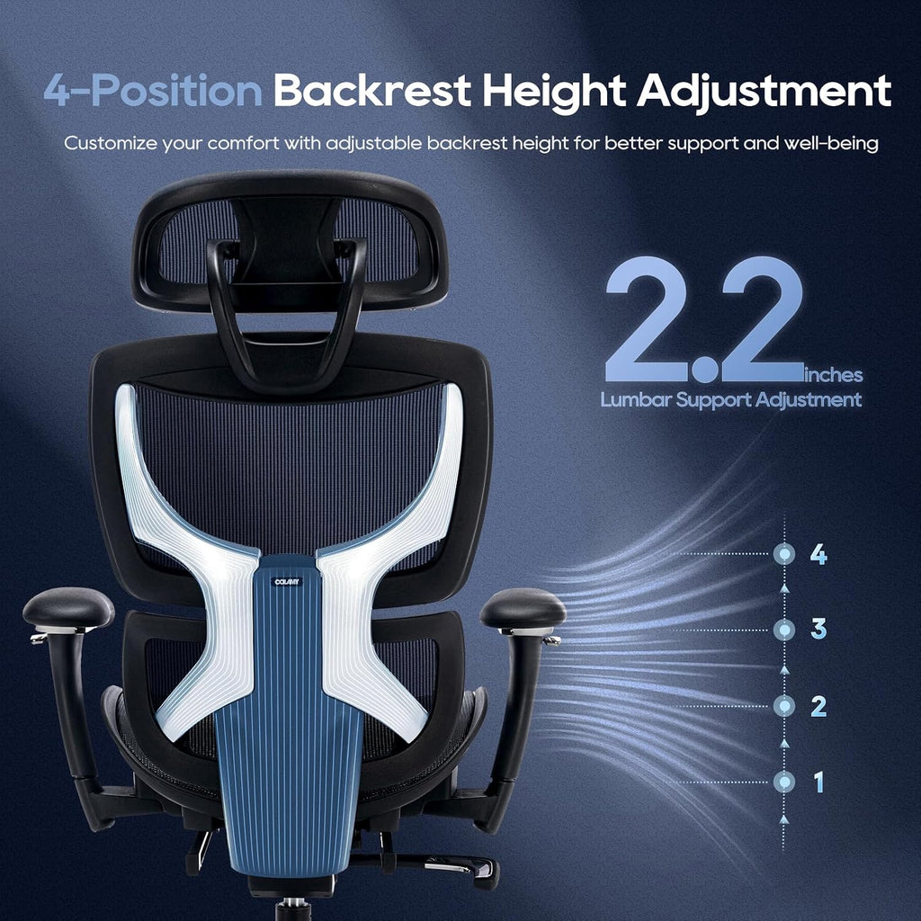 COLAMY Ergonomic Mesh Office Chair with Footrest, Executive High Back Computer Desk Chair with Wide Headrest and Adjustable 3D Arms, Backrest Height, Tilt Lock and Lumbar Support, Black