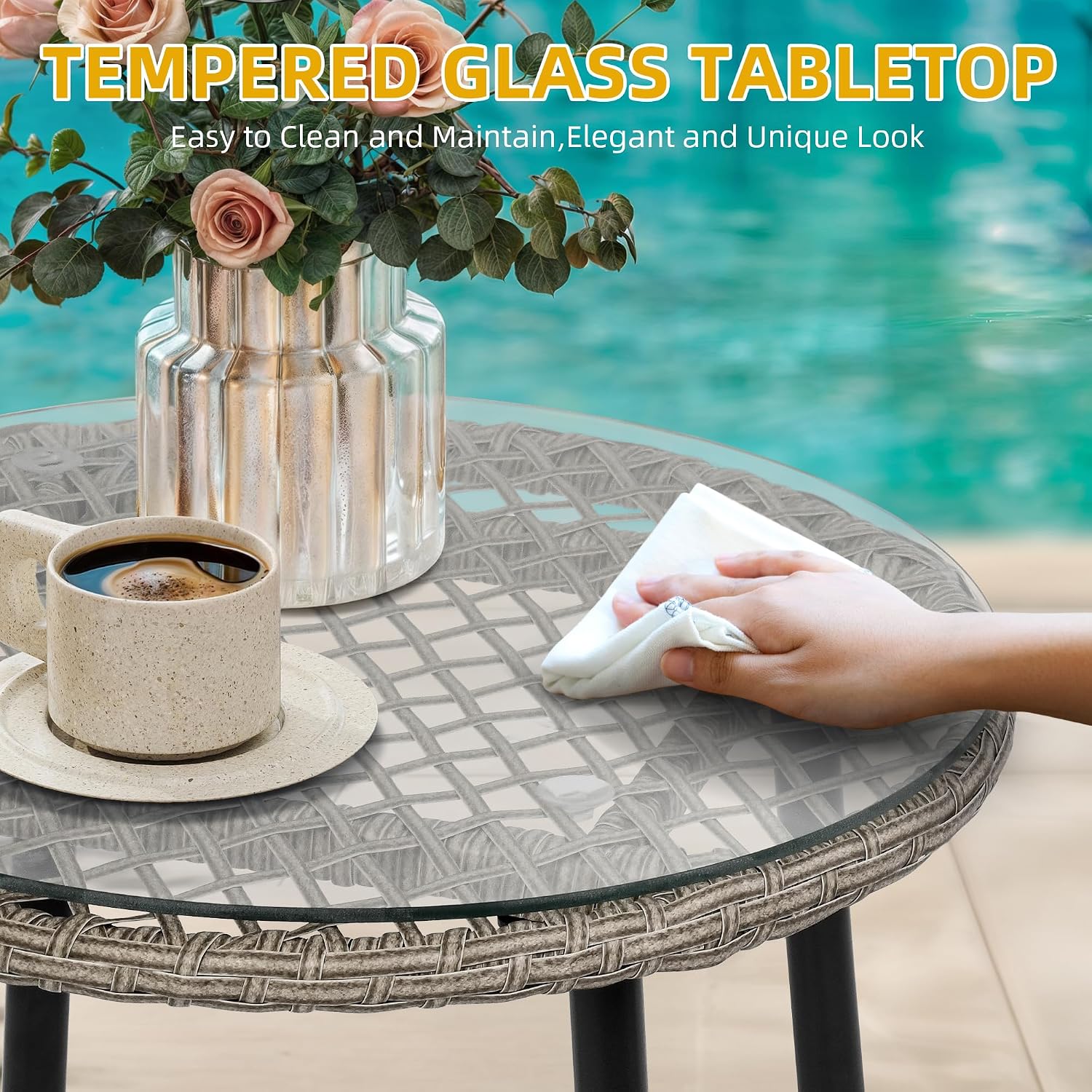 DWVO Bistro Table and Chairs Set of 2, Outdoor Patio Furniture Set with Cushion Chairs and Glass Table, Front Porch Furniture for Backyard, Deck, and Balcony, Black