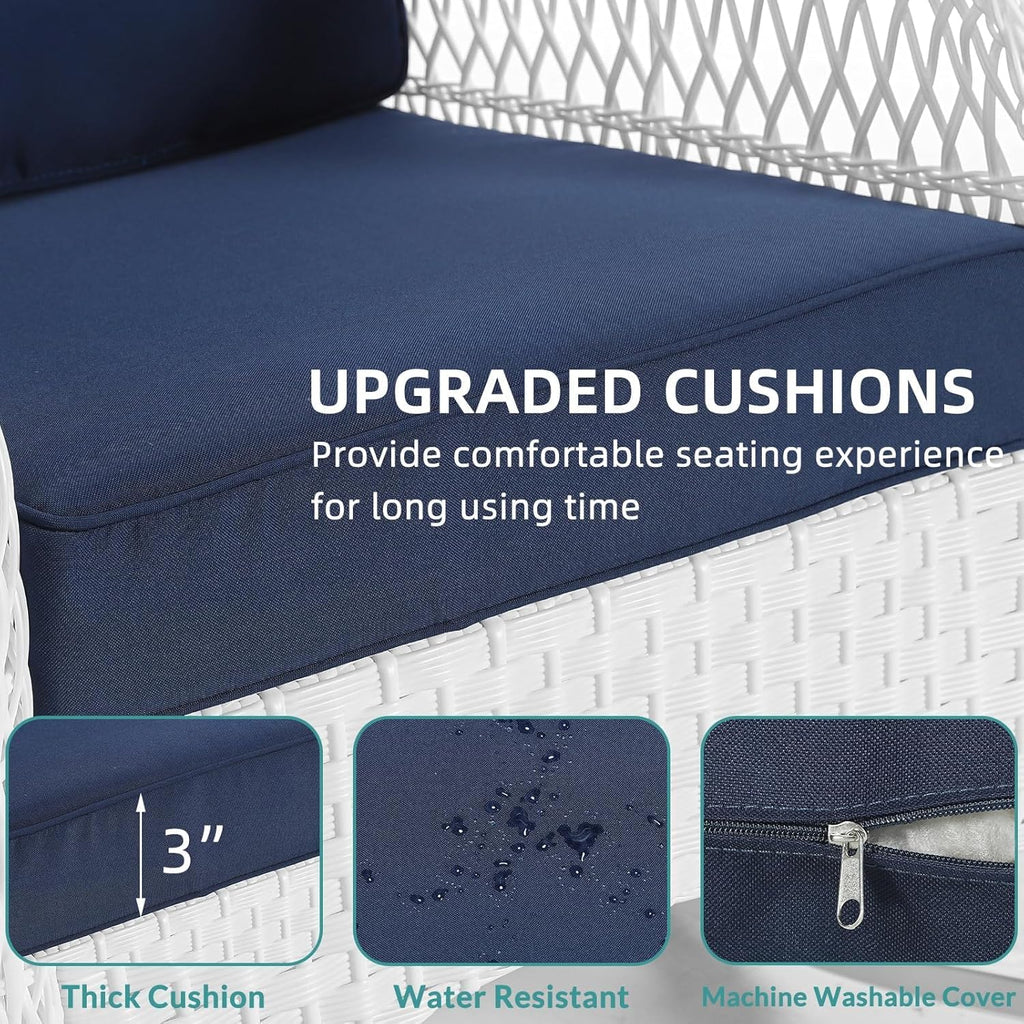 MEETWARM Patio Wicker Rocking Glider Set, All-Weather Outdoor Rattan Patio Rocking Chairs of 2, Patio Conversation Set with Thickened Cushions for Porch Backyard & Garden, White Wicker/Navy