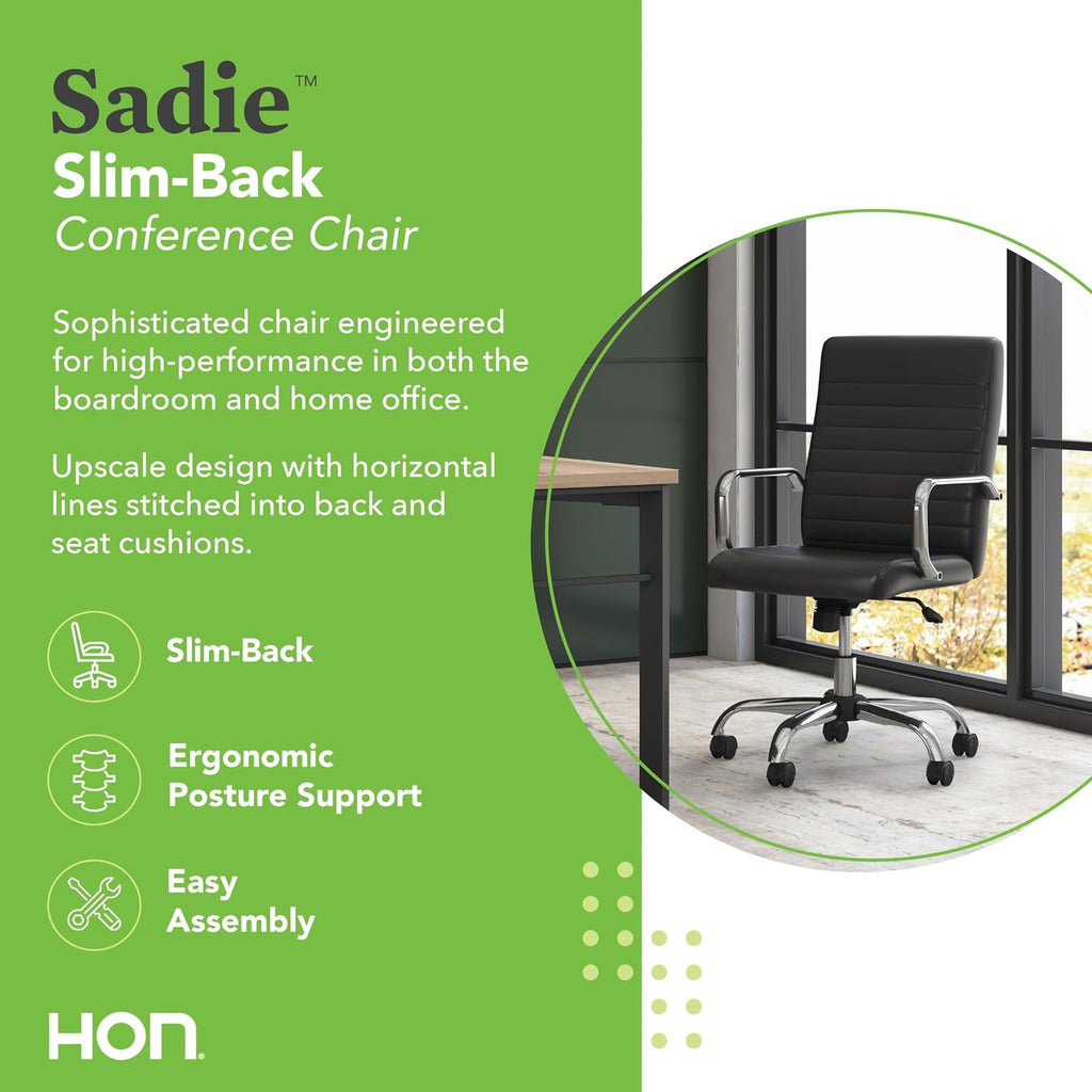 HON Sadie Executive Chair, Ergonomic Leather Office Chair with Chrome Arms and Back Support, for Computers, Desks, Home Offices, 360 Swivel, Black