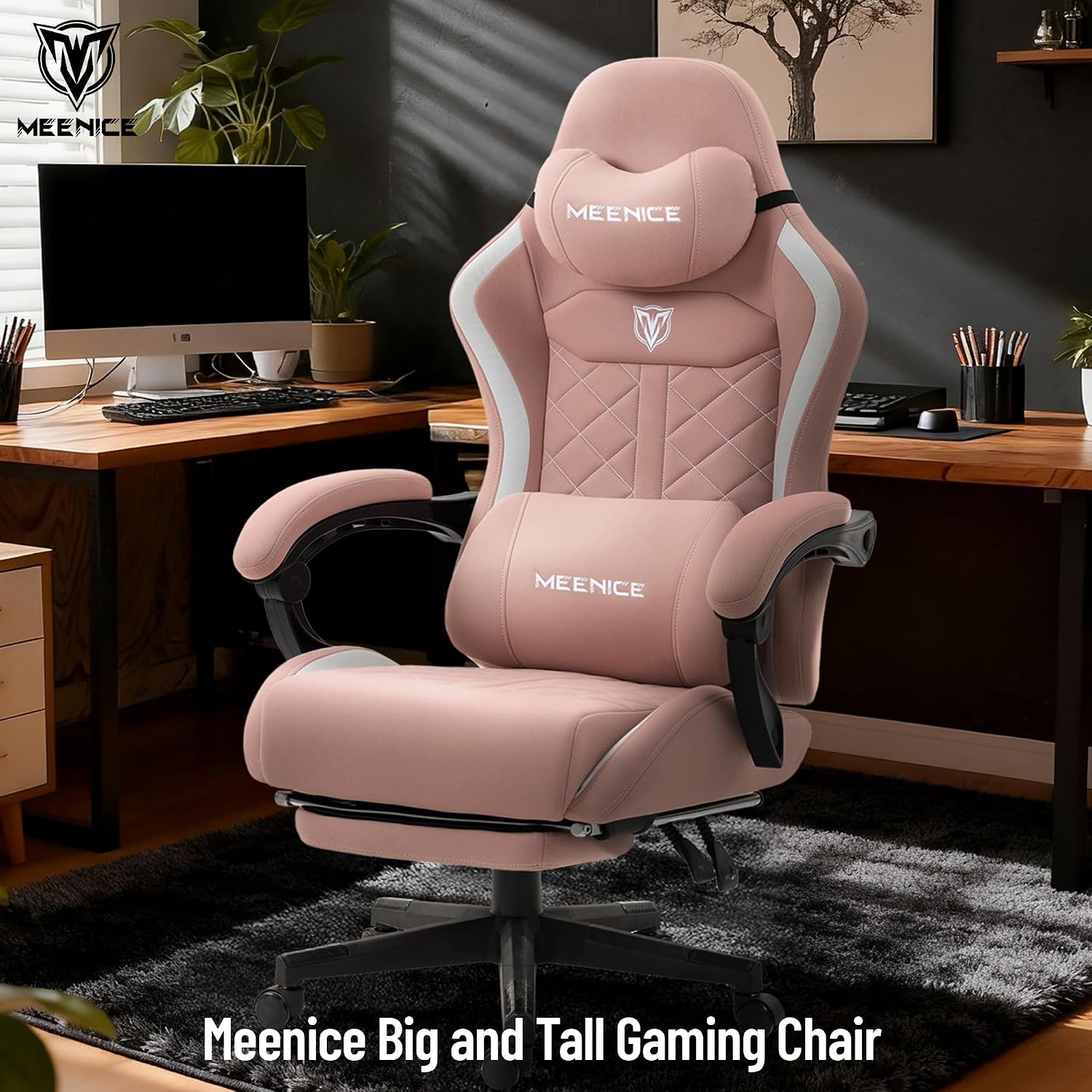 Big and Tall Gaming Chair Fabric with Pocket Spring Cushion, High Back Heavy Duty Gaming Chairs for Adults with Massage Lumbar Support, Ergonomic Computer Chair with Footrest for 400LBS Pink