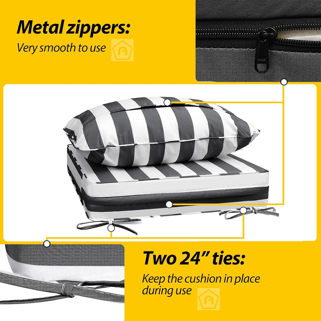 AAAAAcessories Outdoor Deep Seat Cushions, Waterproof, Fade-Resistant Patio Furniture Replacement Cushions, 24' x 24' x 5', Set of 4, Gray Cabana Stripe