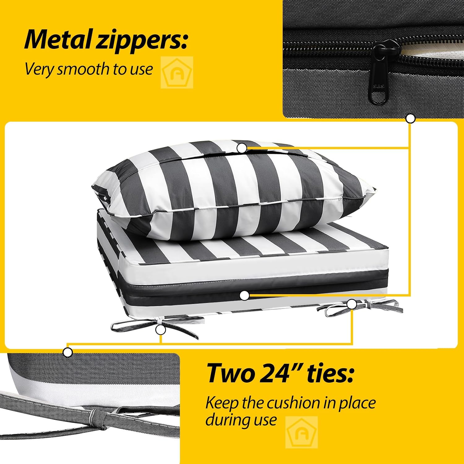 AAAAAcessories Outdoor Deep Seat Cushions, Waterproof, Fade-Resistant Patio Furniture Replacement Cushions, 24' x 24' x 5', Set of 4, Gray Cabana Stripe