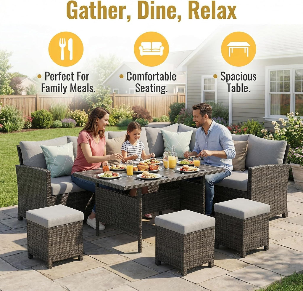 Wisteria Lane 7 Piece Patio Furniture Set, High Curved Back Wicker Patio Sectional, All Weather Outdoor Dining Set, Outdoor Furniture Patio Conversation Set with Ottoman, Grey