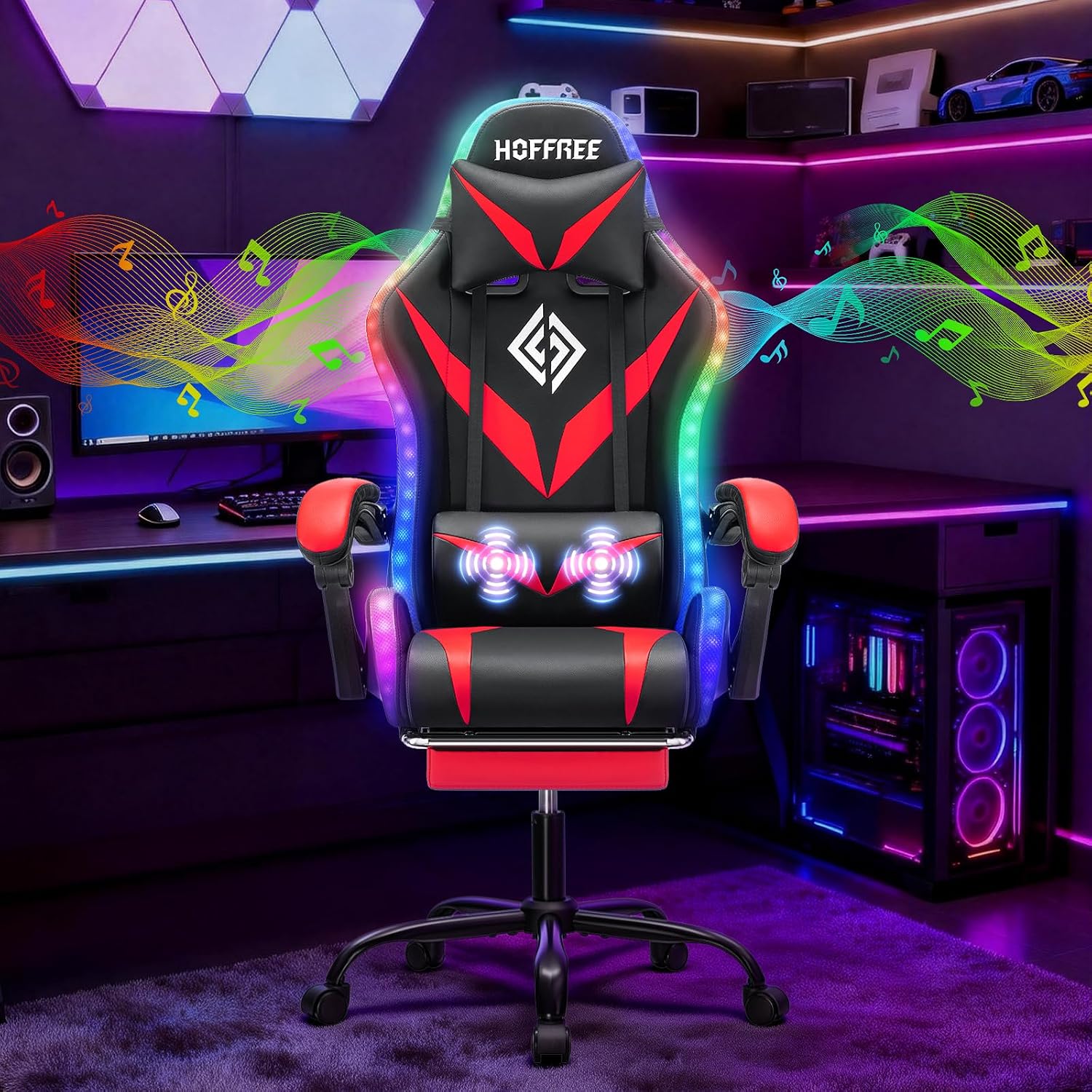 HOFFREE Gaming Chair Massage with Bluetooth Speakers and Led Lights Ergonomic Computer Gaming Chair with Footrest RGB Video Game Chair with High Back Lumbar Support Red and Black
