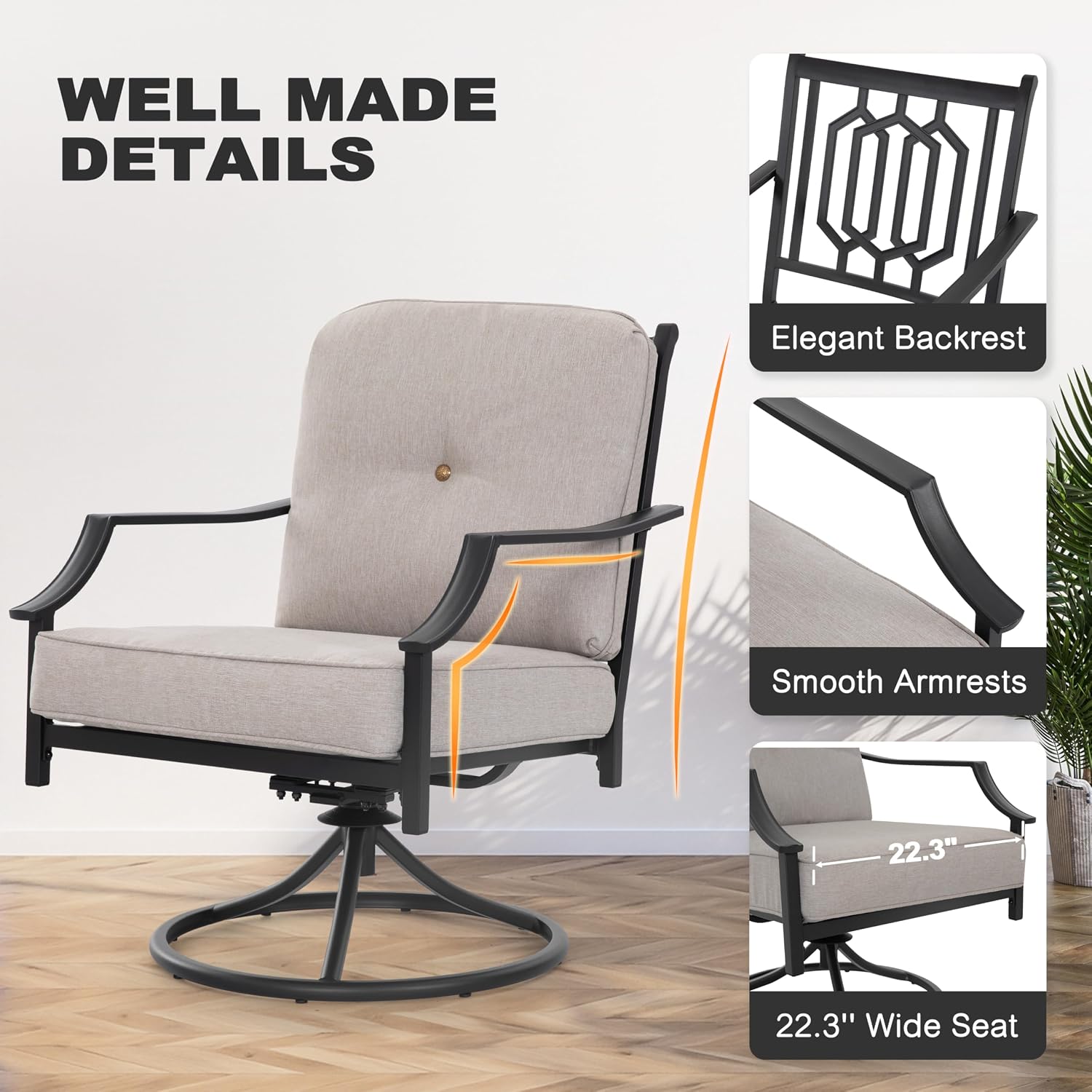 NUU GARDEN 2-Piece Swivel Patio Sofa Set, Wide Seat Metal Rocking Chairs with Thick Olefin Cushions, All-Weather Outdoor Seating for Deck, Porch, Black and Gray