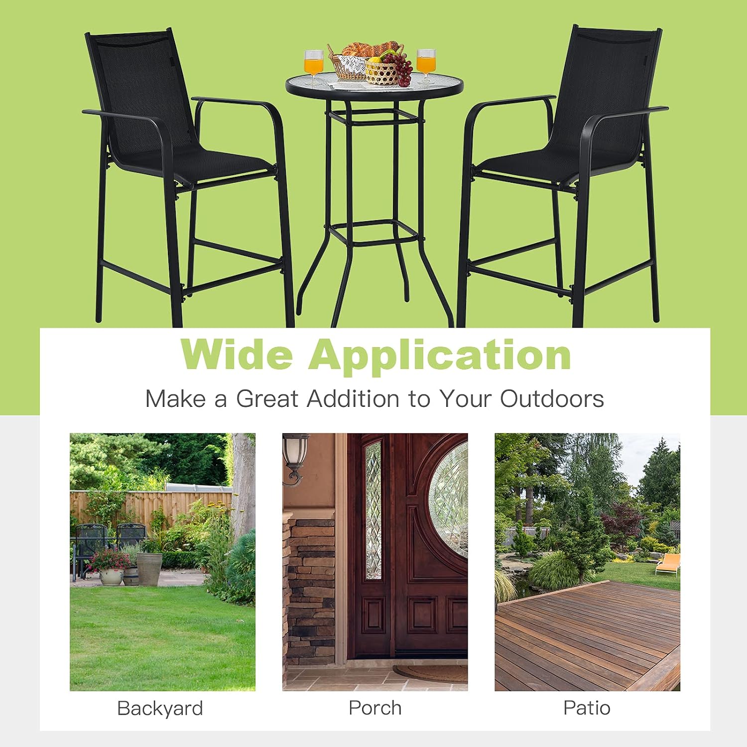 Tangkula 3 Pieces Outdoor Patio Bar Set, Outdoor Bistro Set with 2 Bar Stools and 1 Tempered Glass Bar Table, Bar Height Patio Table and Stools Set for Backyard, Garden, Lawn (Black)