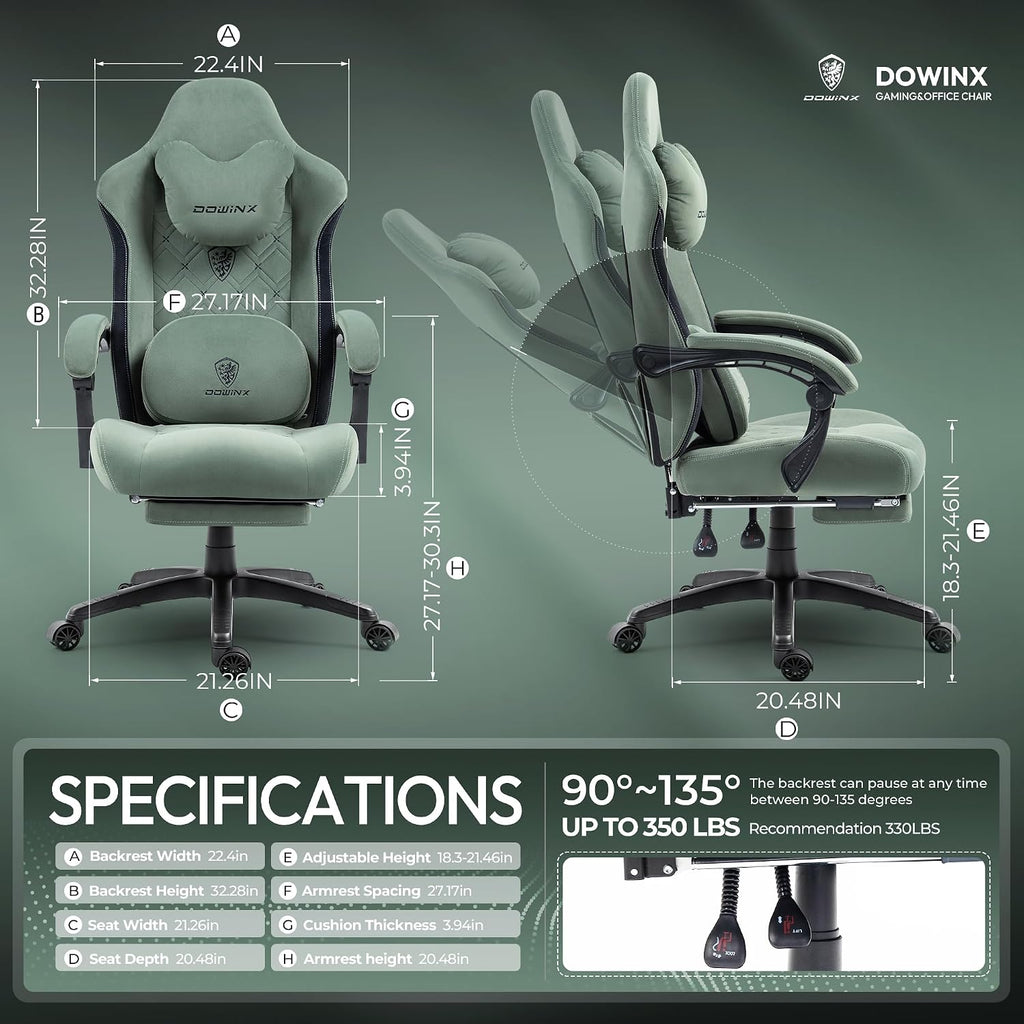 Dowinx Fabric Gaming Chair with Heated Massage Lumbar Support, Game Chairs for Adults, Big and Tall Gamer Chair with Pocket Spring Cushion, High Back PC Chairs with Footrest, Green
