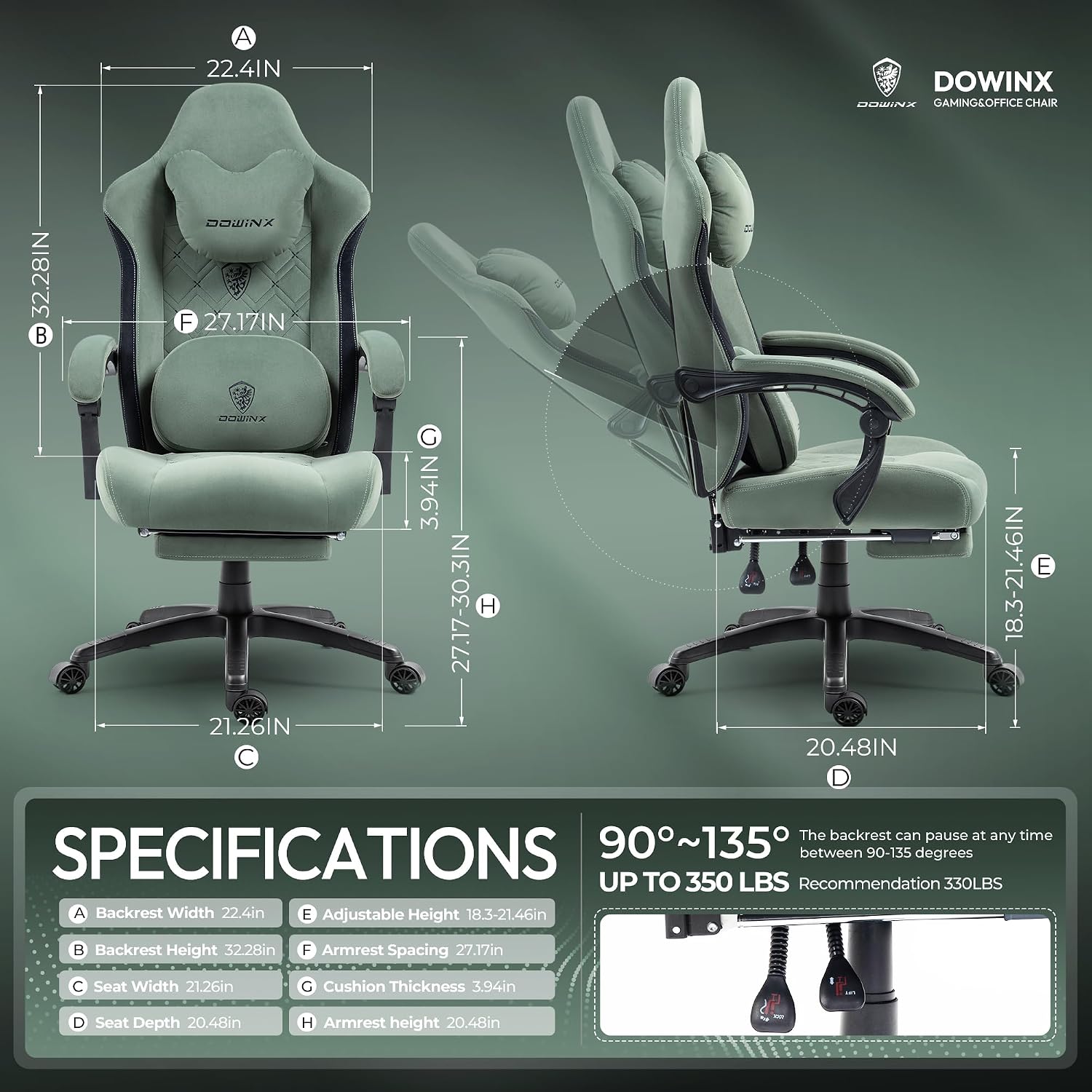 Dowinx Fabric Gaming Chair with Heated Massage Lumbar Support, Game Chairs for Adults, Big and Tall Gamer Chair with Pocket Spring Cushion, High Back PC Chairs with Footrest, Green