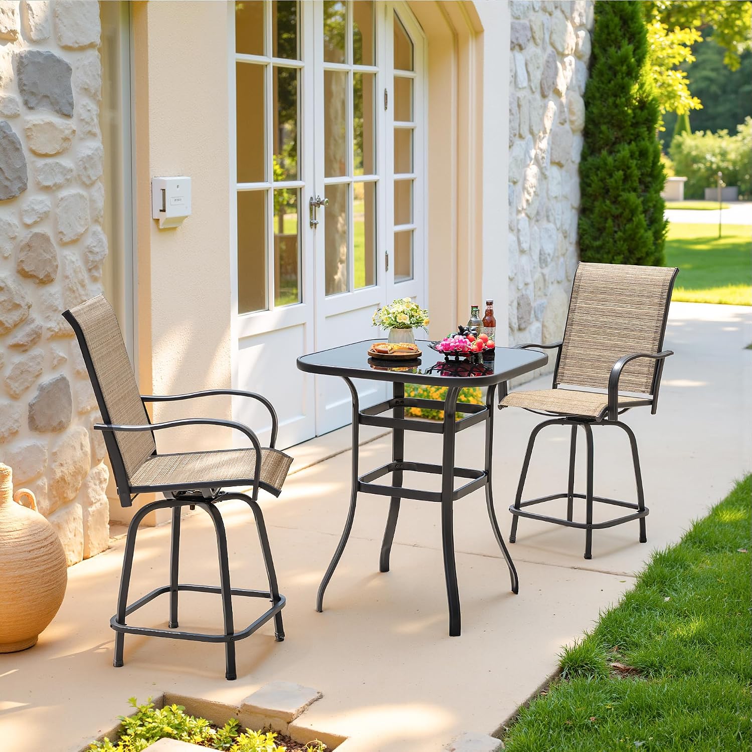 Devoko Patio Bar Stools Set of 2 All-Weather Outdoor Patio Furniture Set Counter Height Tall Patio Swivel Chairs for Bistro, Lawn, Garden, Backyard