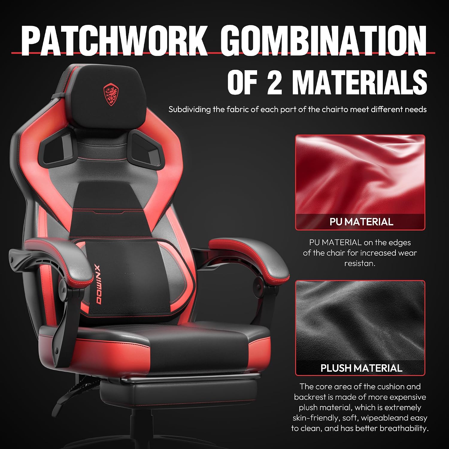 Dowinx Gaming Chair with Footrest, Big and Tall Gaming Chair for Heavy People, Gamer Chair for Adult with Massage, Ergonomic Gaming Chair with headrest, Computer Game Chair for 200lbs, Red