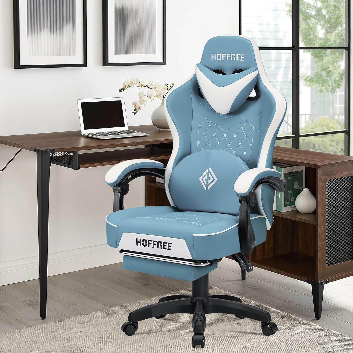 HOFFREE Gaming Chair with Speakers Massage Computer Gaming Chair with Pocket Spring Cushion for Adults Reclining Gamer Chair with Bluetooth Video Game Chairs with Footrest Stone Blue and White