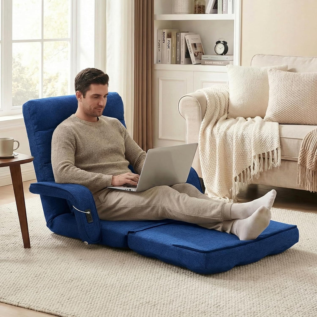 STHOUYN Comfy Bedroom Chair with 2 USB Charging Ports, 5-Position Floor Couch Gaming Chairs for Adults, Lounge Chair Indoor Folding Lazy Sofa Meditation Arm Dorm Chair Living Room (Navy Blue)