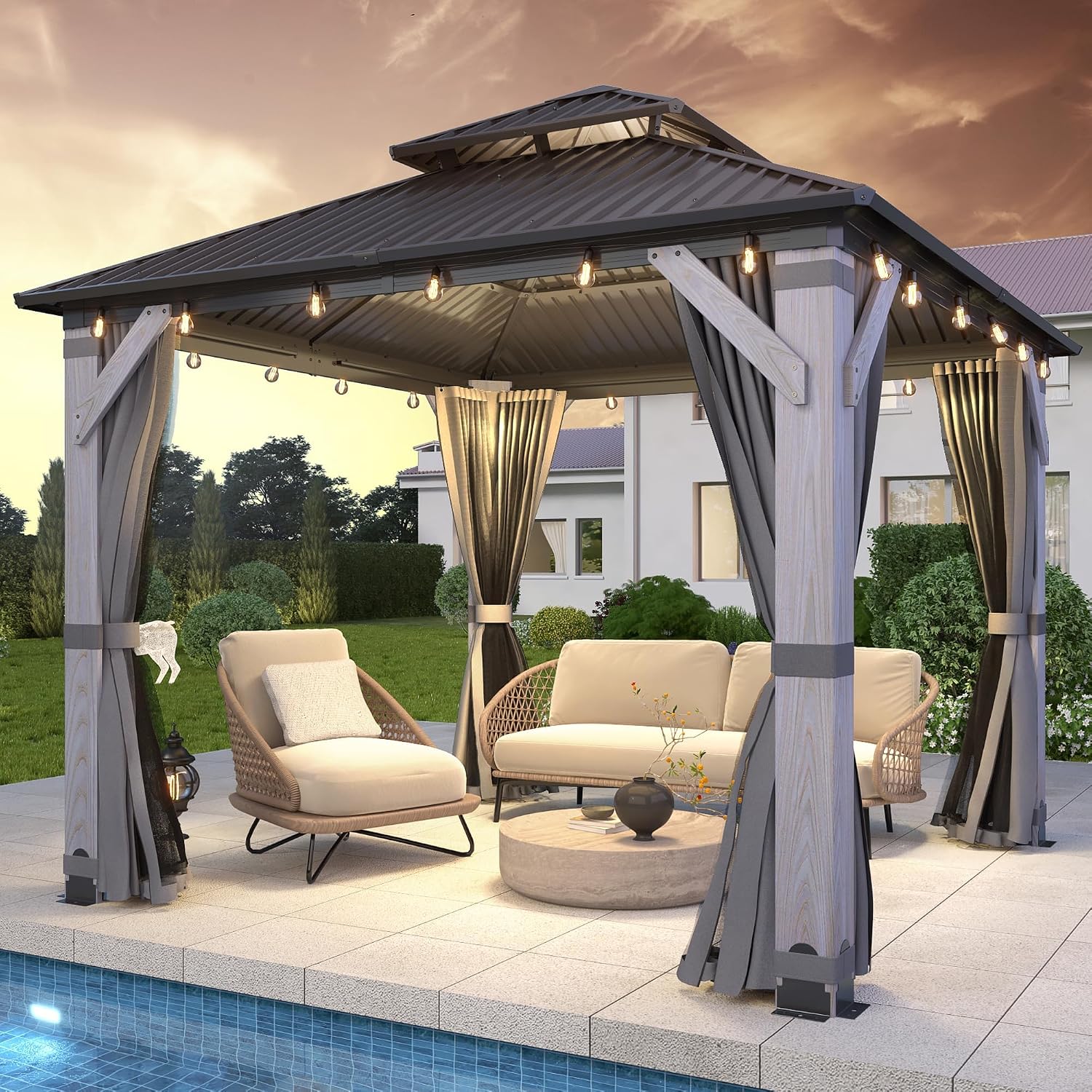 GARTOO 8.5' x 8.5' Outdoor Wood Gazebo - Permanent Wooden Hardtop Gazebo Pavilion with Double Curtains, Galvanized Steel Roof Cedar Wood Gazebos for Garden, Lawn, Poolside, Backyard Deck