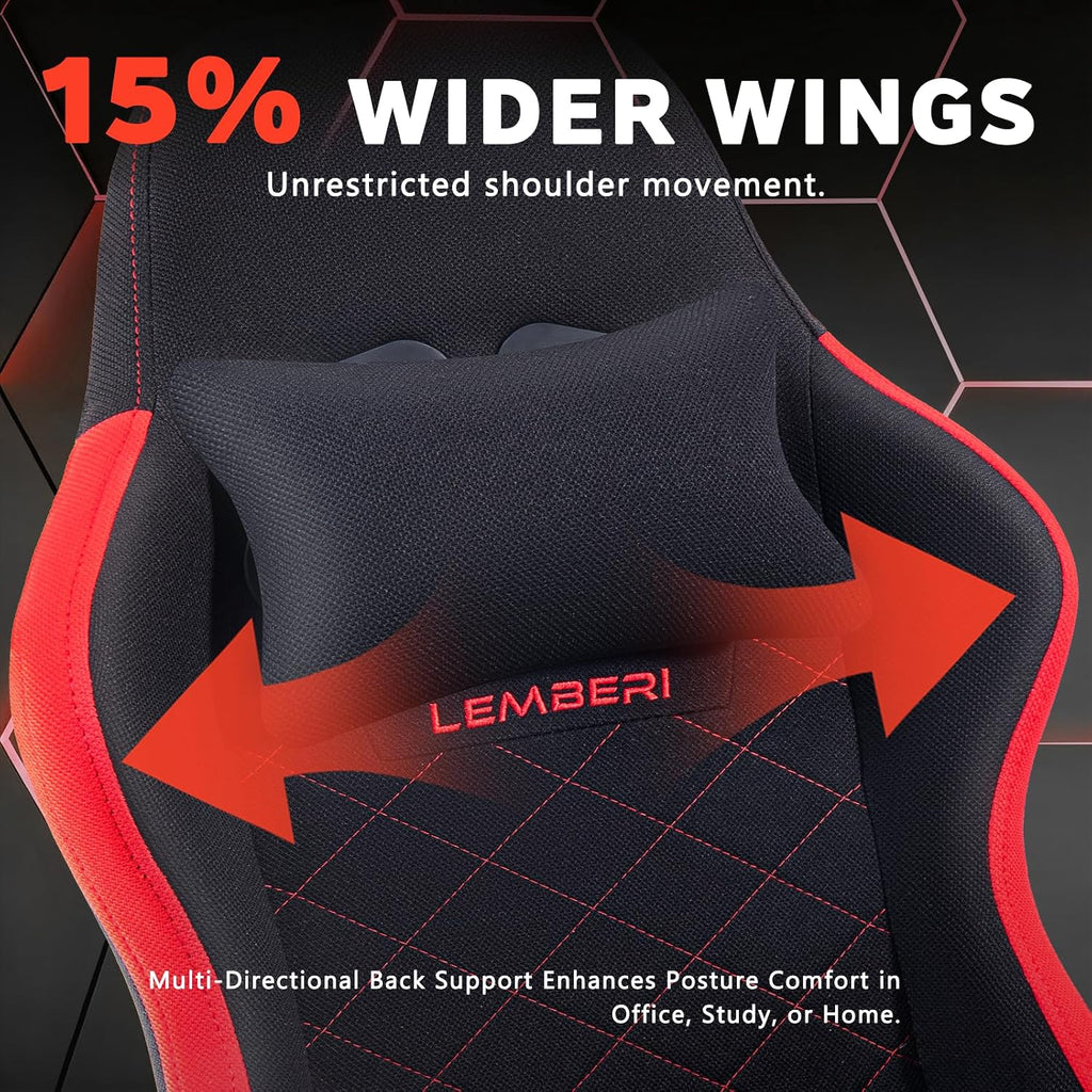 LEMBERI Gaming Chair, Fabric Big and Tall Video Game Chairs with Footrest, Massage Lumbar Support, Racing Style Ergonomic Computer Gamer Chair with Adjustable Headrest (Red)