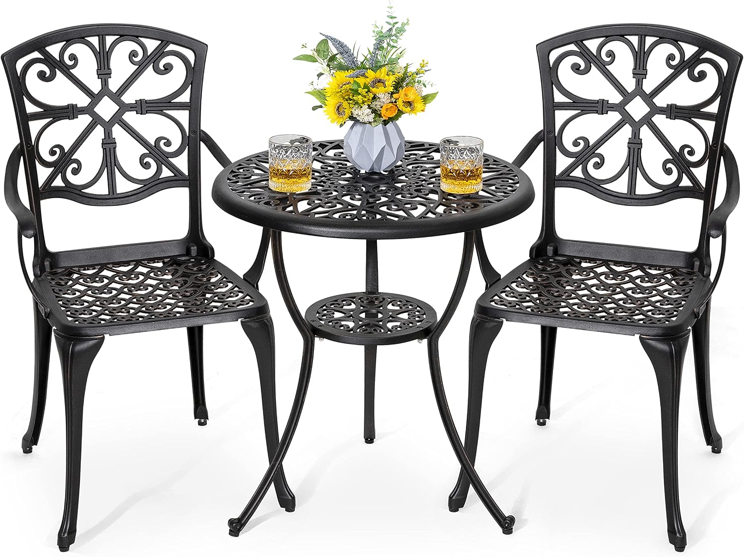 NUU GARDEN 3 Piece Outdoor Bistro Set Cast Aluminum Bistro Table Set Patio Table and Chairs with Umbrella Hole for Backyard, Balcony, Front Porch, Black