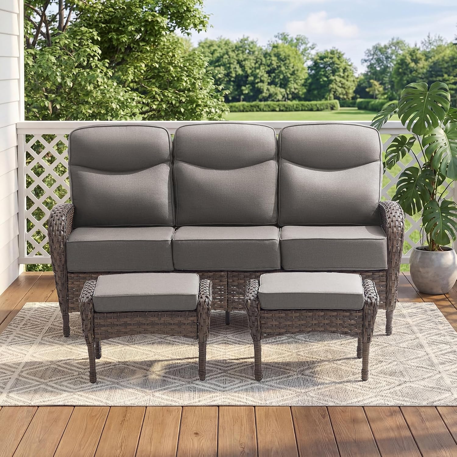 Outdoor Patio Sofa Set (3pcs) with High-Back Design—Thickened Cushions, Sofa Footstool, Patio Set, All-Weather Wicker Patio Furniture Set, Suitable for Balconies and Patios, Available in Brown/Gery