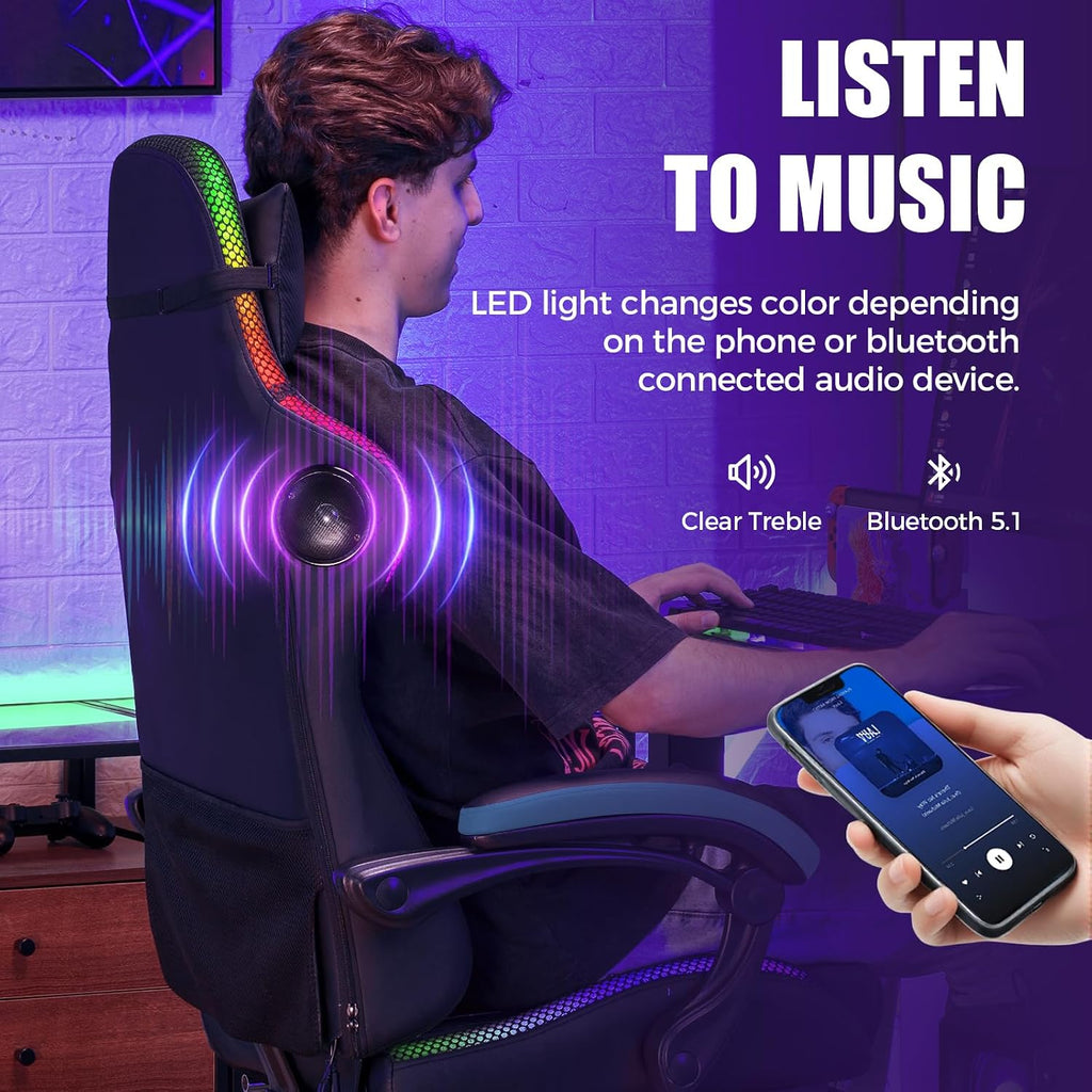 GTPLAYER RGB Gaming Chair with Speakers - LED Computer Game Chair for Adults, PC Home Office Chairs with Footrest & Lights, Reclining Desk Chairs, Blue