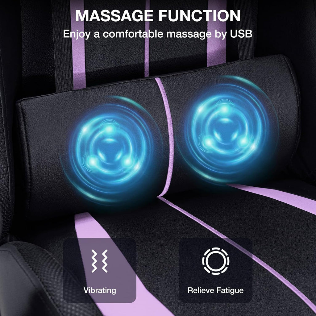 HOFFREE Gaming Chair with LED RGB Lights and Massage Ergonomic Computer Chair with Footrest High Back Video Game Chair with Adjustable Lumbar Support Linkage Armrest Purple and Black