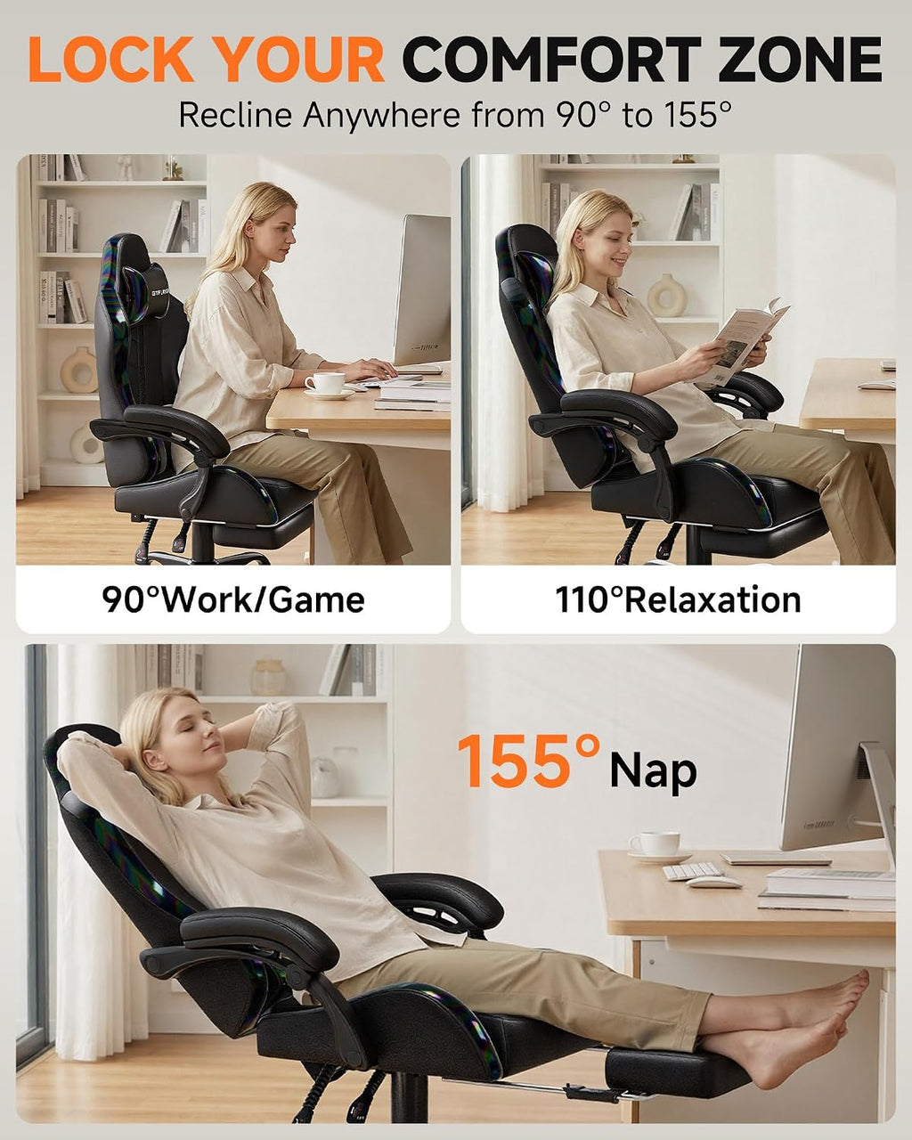 GTPLAYER Gaming Chair with Footrest, Computer Gaming Chair for Adults and Kids, Height Adjustable Gamer Chair with 90-155° Recline & Removable Headrest Lumbar Support, 01 Iridescent Black