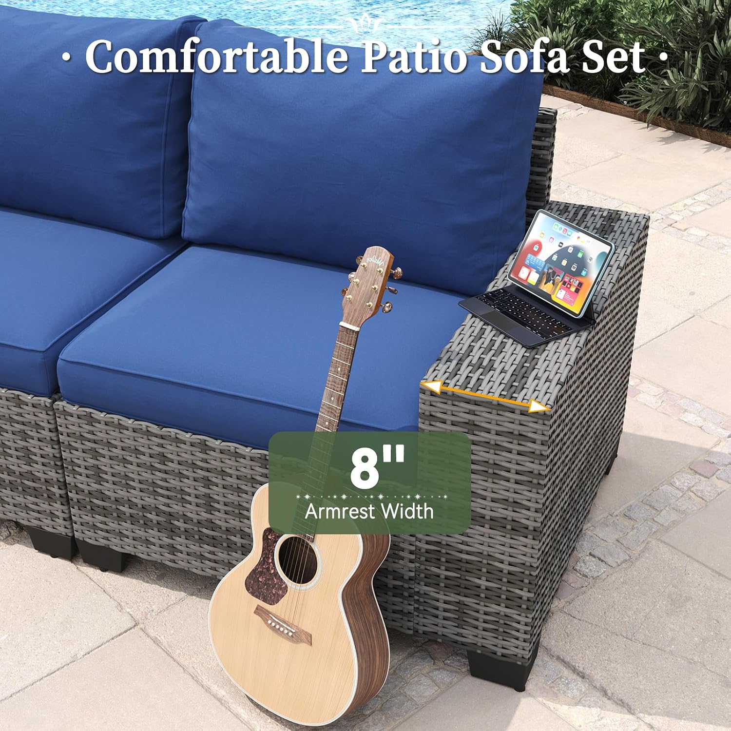 Aoxun 7 Piece Patio Furniture Set with Wide Armrests & 44' Fire Pit Table Wicker Rattan Outdoor Sectional Sofa Set with Coffee Table and Thickened Cushions, Gray/Blue(Waterproof Cover Included)