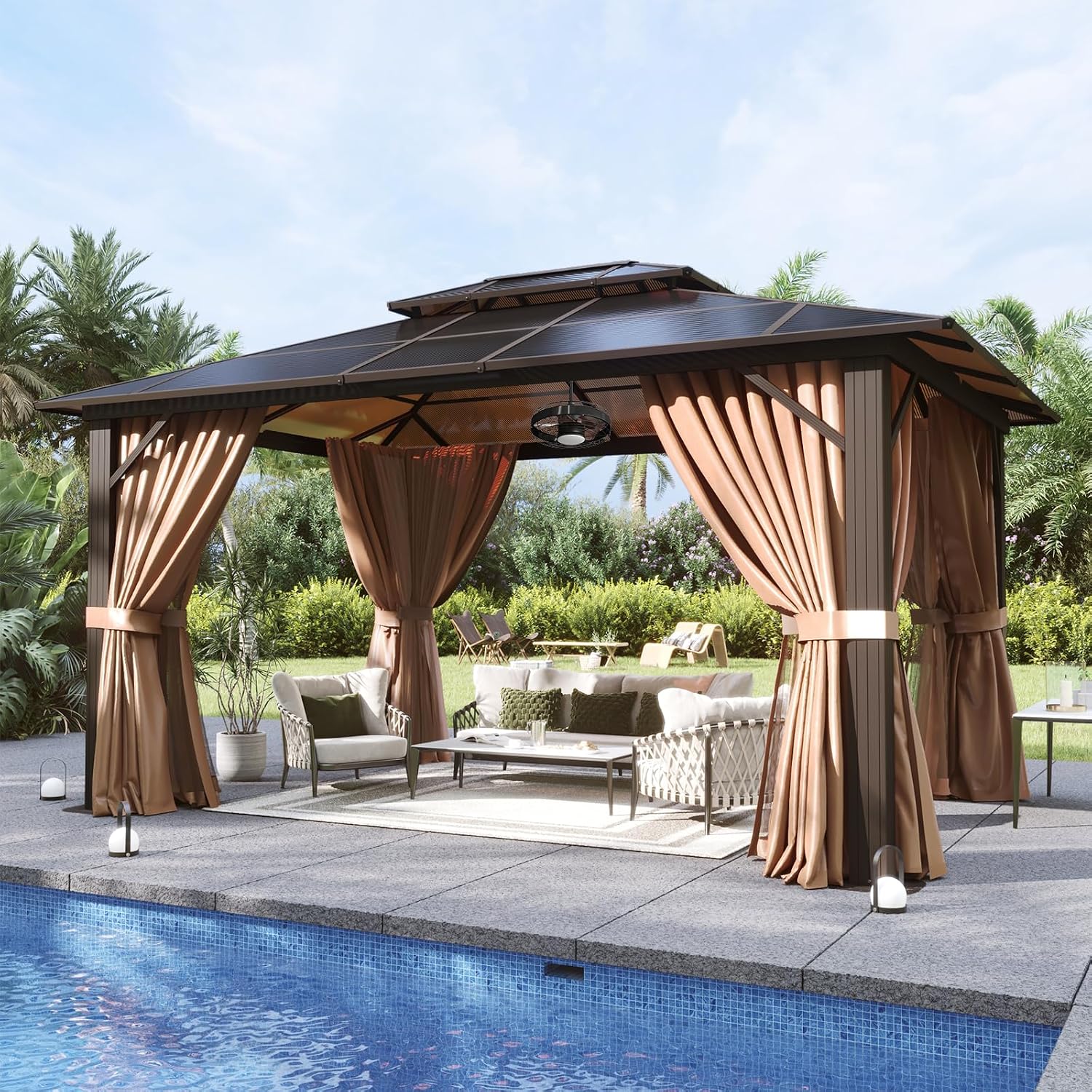 Aoxun 10'x12' Hardtop Gazebo, Aluminum Frame Permanent Pavilion with Netting and Curtains, Outdoor Polycarbonate Double Roof Canopy with Ceiling Fan, Designed for Lawn, Garden, Patio, Brown